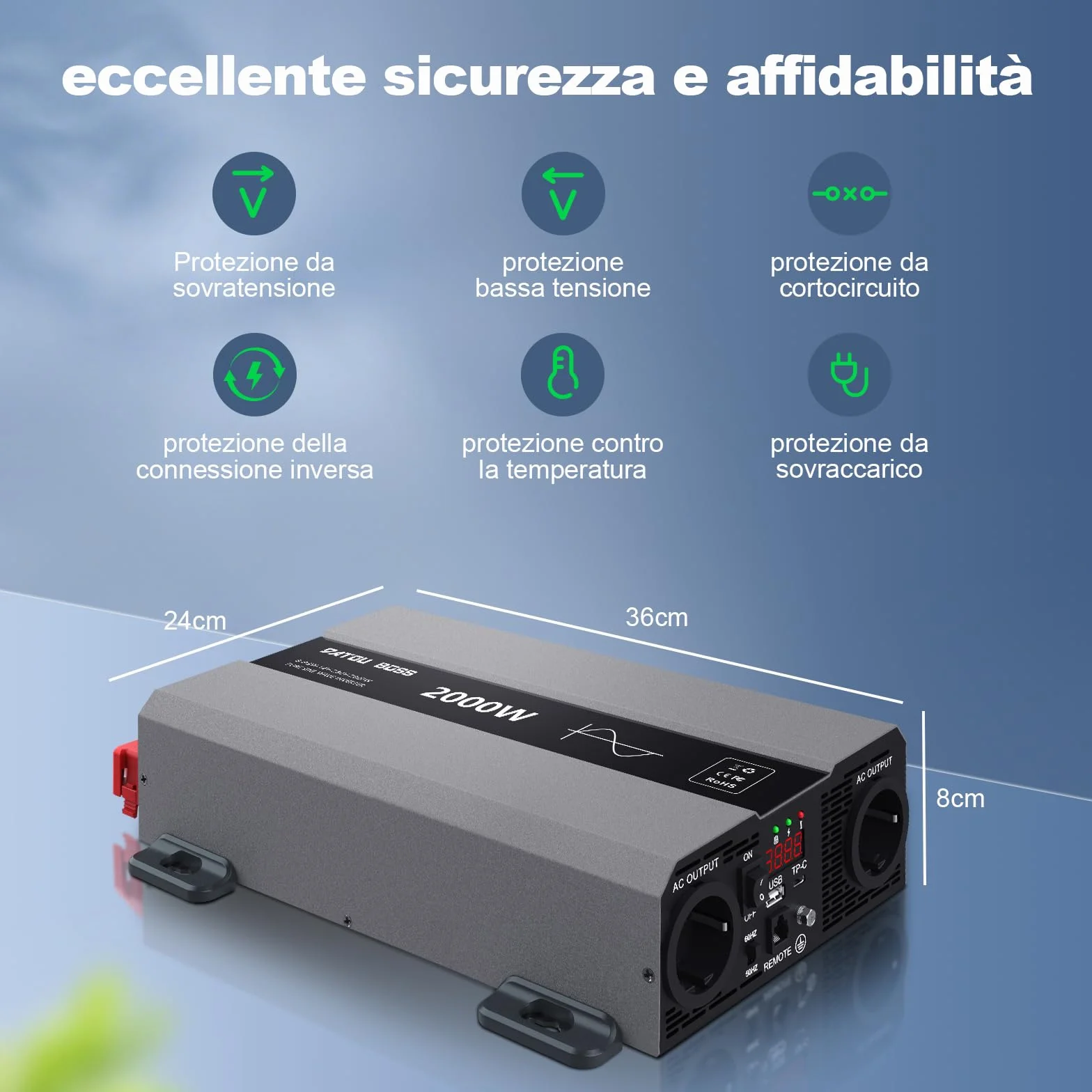 DATOUBOSS Inverter 24V 220V 2000W Onda Pura(Picco 4000W), Trasformatore 24V 220V con 2 EU Prese, Porte USB-A e USB-C,Display LCD,Comando a Distanza,per Camper, Camion, Emergenze e Apparecchi Campeggio