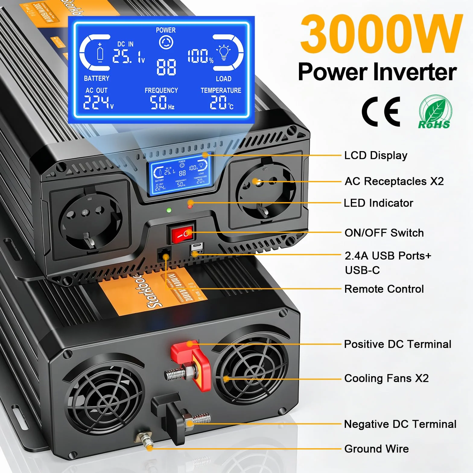 3000W/6000W Inverter 24V 220V Onda Pura, Trasformatore 220V 24V, Convertitore per Auto, Con schermo LCD, telecomando, presa CA e USB-C. Per camper, auto, solare, campeggio e blackout [Classe A+]