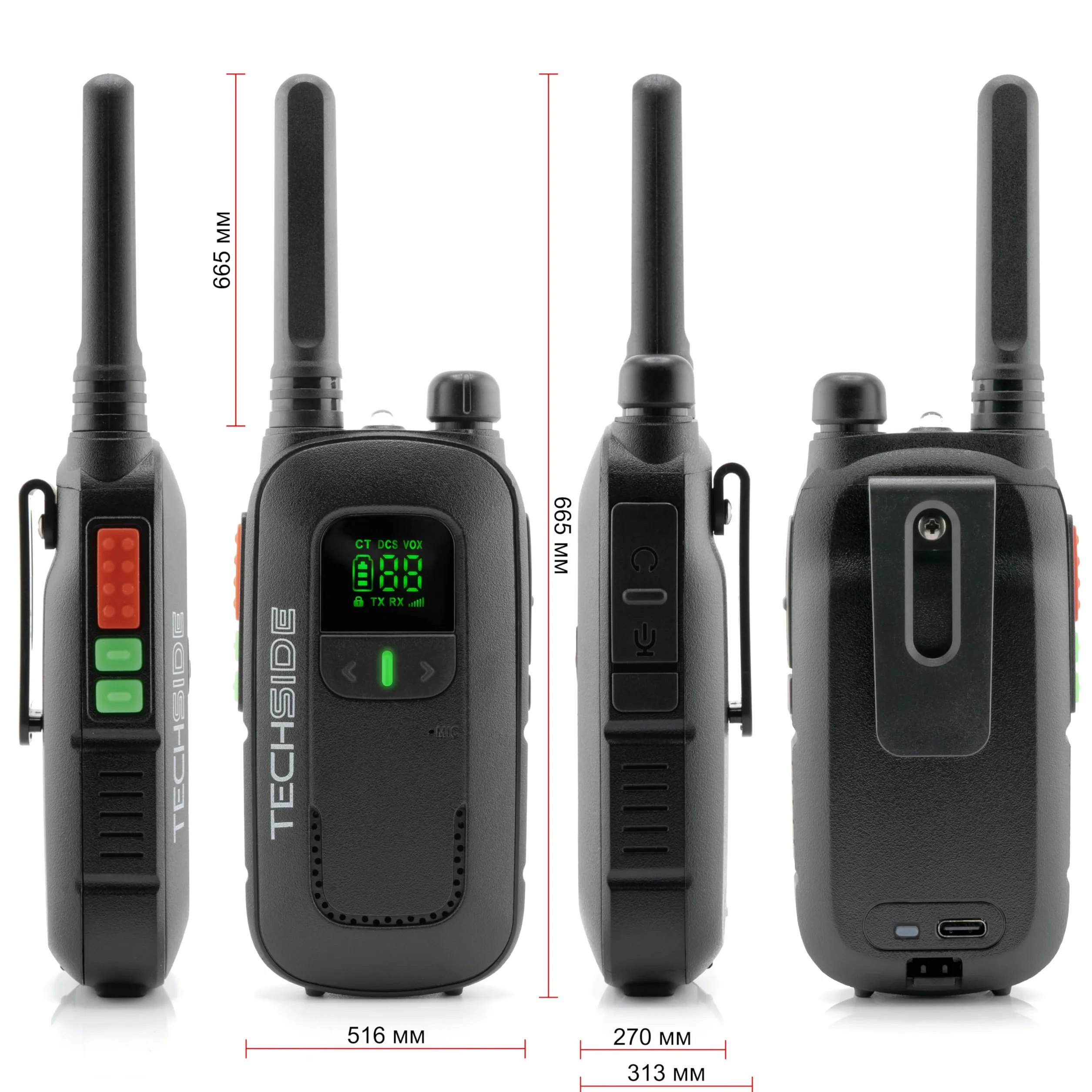 Techside TS-T2 Ricetrasmittente Professionale Walkie Talkie 16 Canali PMR446 (Libero uso) | Vox a 5 livelli | Scansione Automatica Canali | Set di 2 ricetrasmettitori full optional