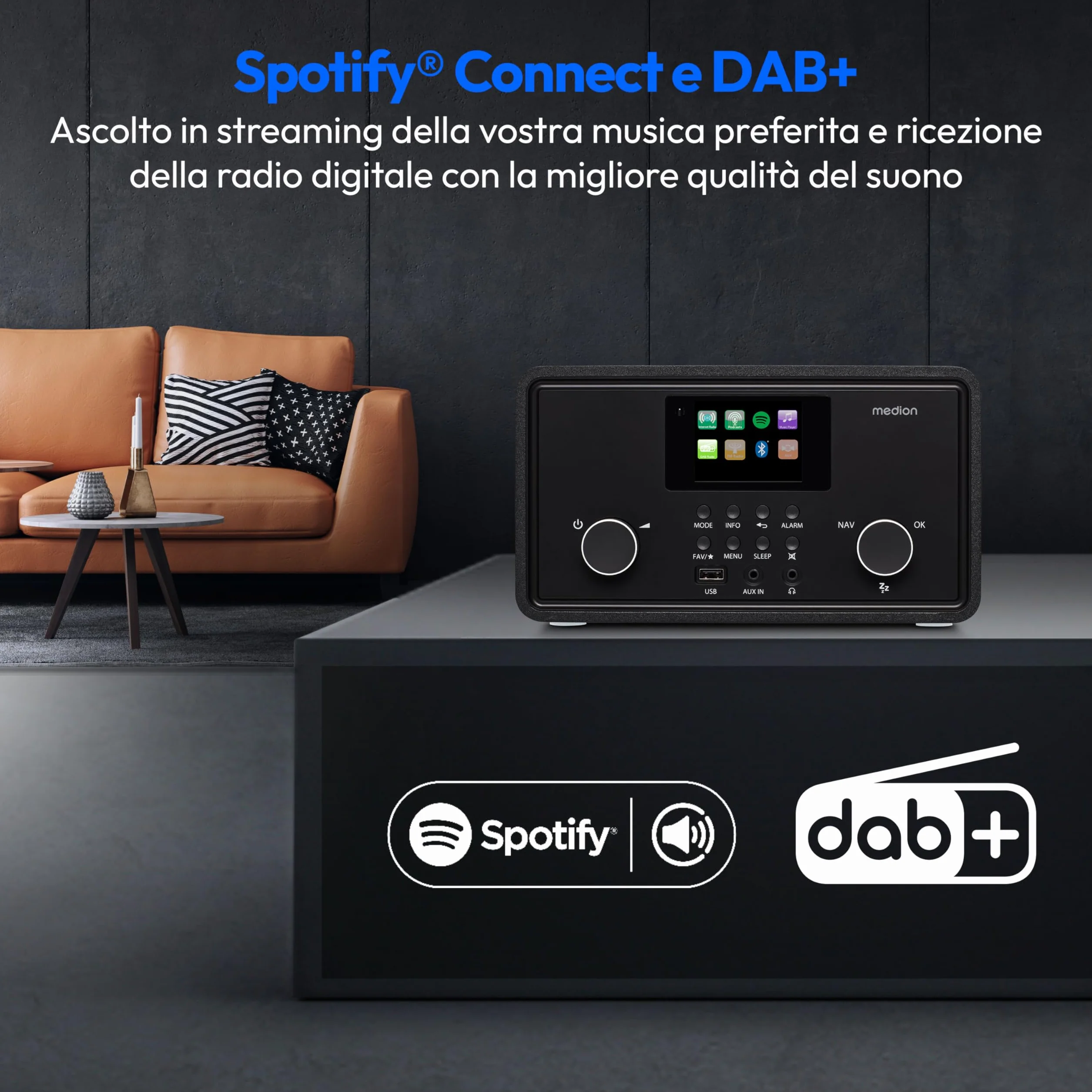 MEDION P85027 Internet radio DAB Plus FM Spotify Connect WLAN Bluetooth streaming equalizzatore display a colori USB AUX sveglia snooze sleep timer nero