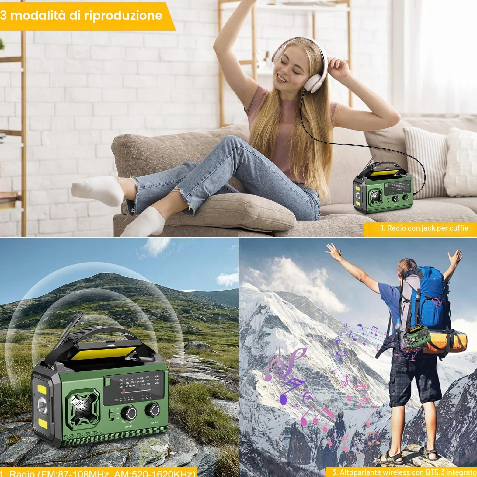 Radio Manovella 27000 mAh AM/FM Portatile Solare Emergenza Bluetooth Power Bank