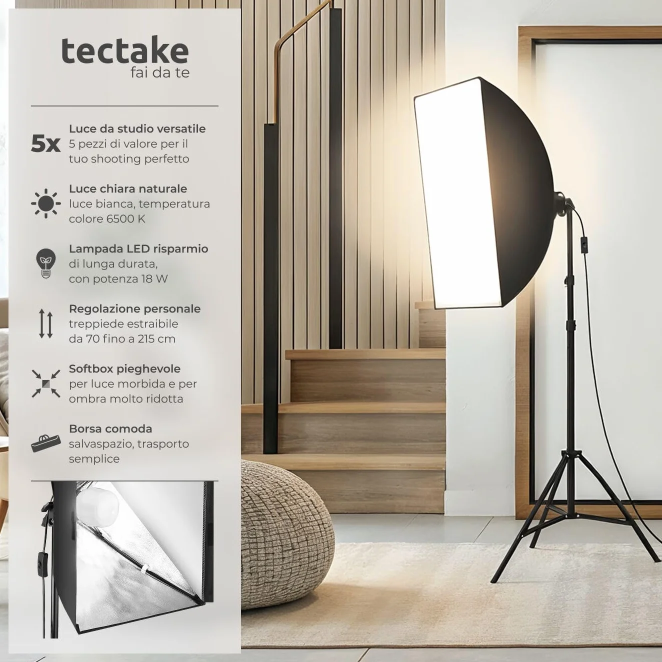 tectake® Luci da Studio Fotografico, Set Fotografico Portatile, Luce per Foto, 1 Stativo per Luci, 1 Lampada, 1 Softbox, Supporto in Alluminio, 1 Borsa per Trasporto – Nero
