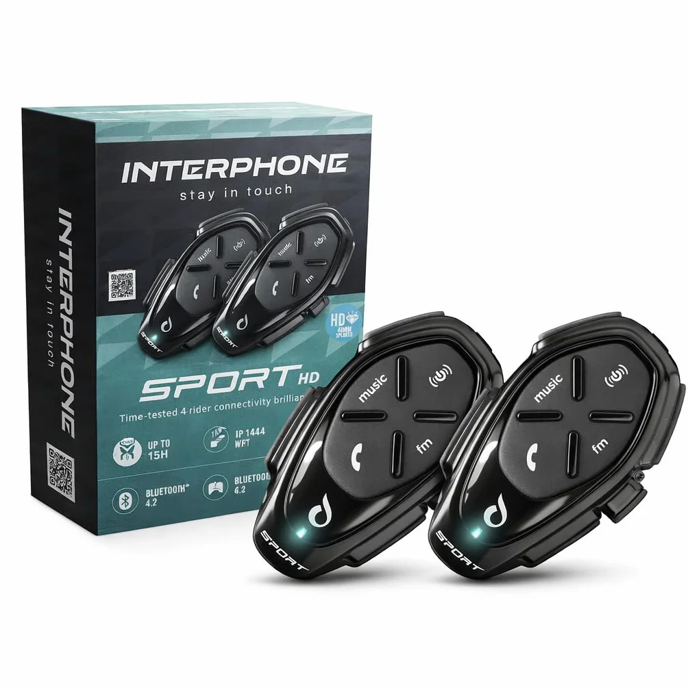 INTERPHONE SPORT HD Doppio Interfono Casco Moto Auricolari HD Hifi 40mm 4 Motociclisti 1Km Autonomia 20 Ore Impermeabile GPS TFT Universale 2024