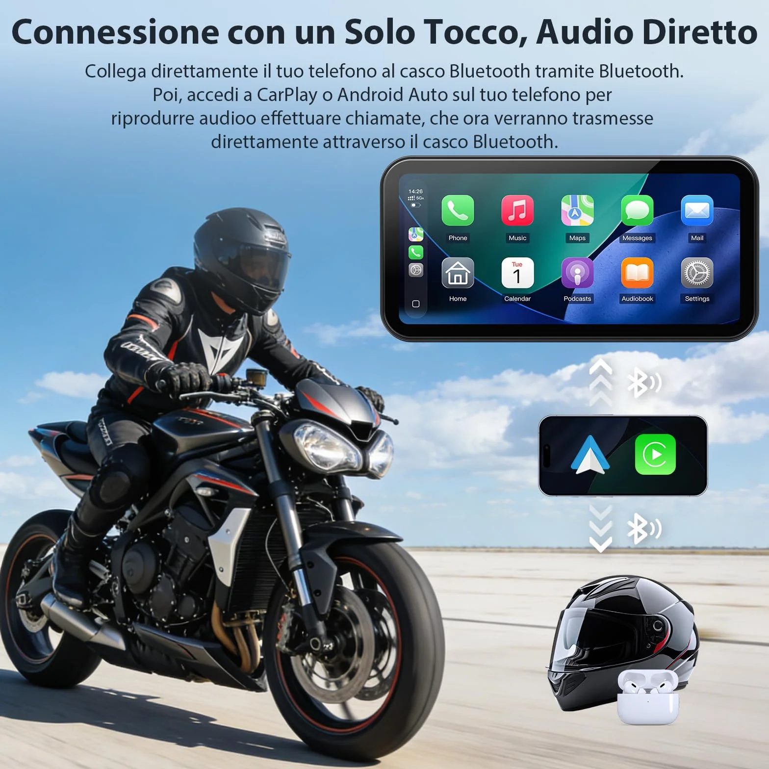 A622 CarPlay Moto Schermo 6,25 Pollici, CarPlay e Android Auto Wireless, Sistema di Monitoraggio Pressione Pneumatici (TPMS), Impermeabilità IP67, Doppio Bluetooth, GPS, Alimentazione USB/ACC