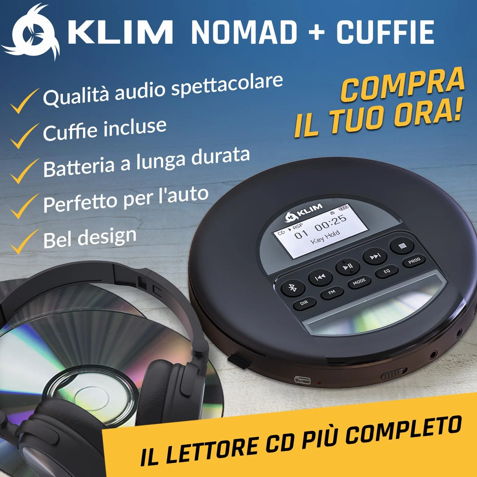 KLIM Nomad - Lettore cd portatile - Batteria a Lunga Durata - Include Auricolari - Compatibile con CD-R, CD-RW, MP3 - Lettore SD, Radio FM, Bluetooth - Ideale per Auto - Hi-Fi - Nuovo