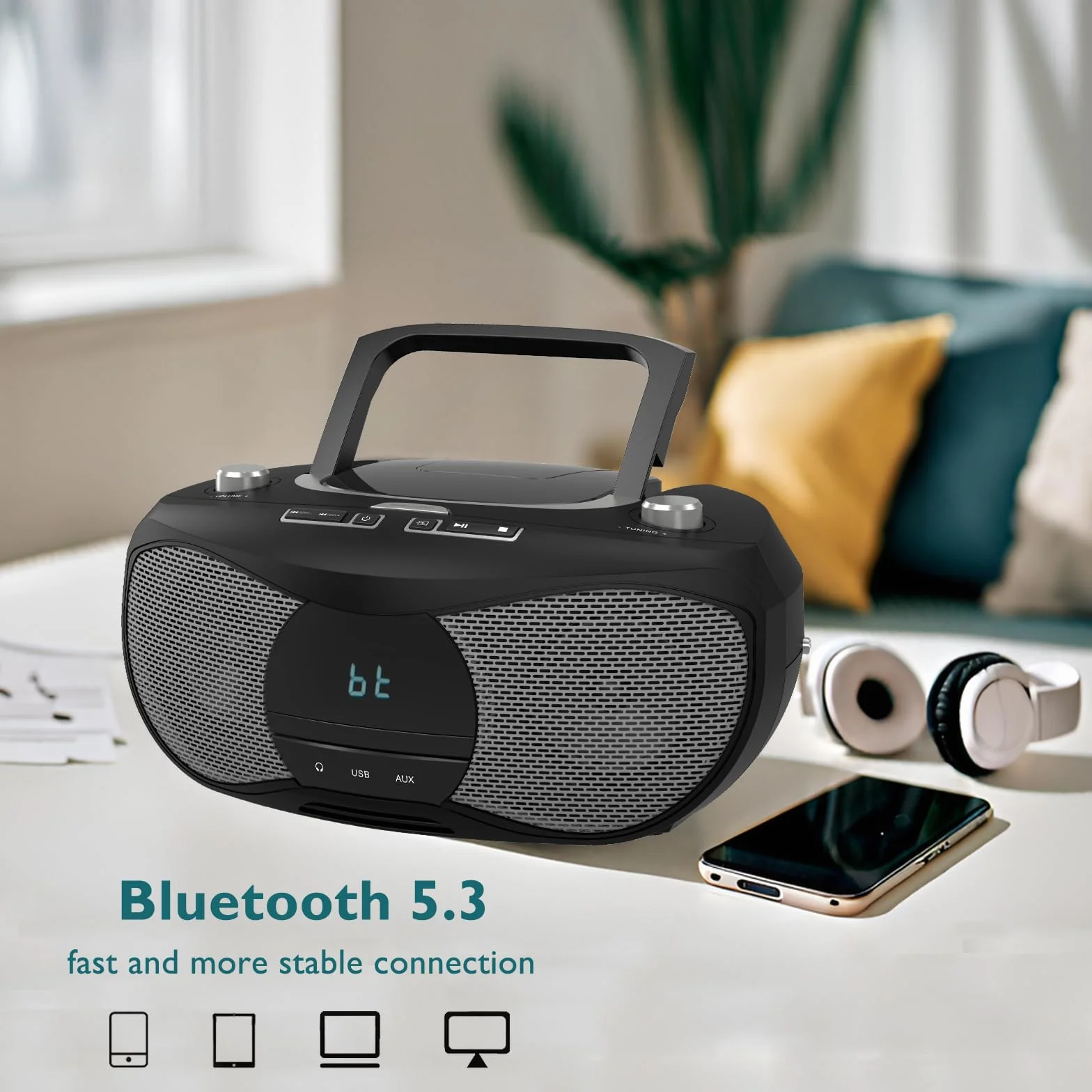 LONPOO Stereo Lettore CD portatile Bluetooth Boombox Connettività Radio FM, USB, AUX, Uscita cuffie, 5W RMS HiFi Altoparlanti (LP-D12)