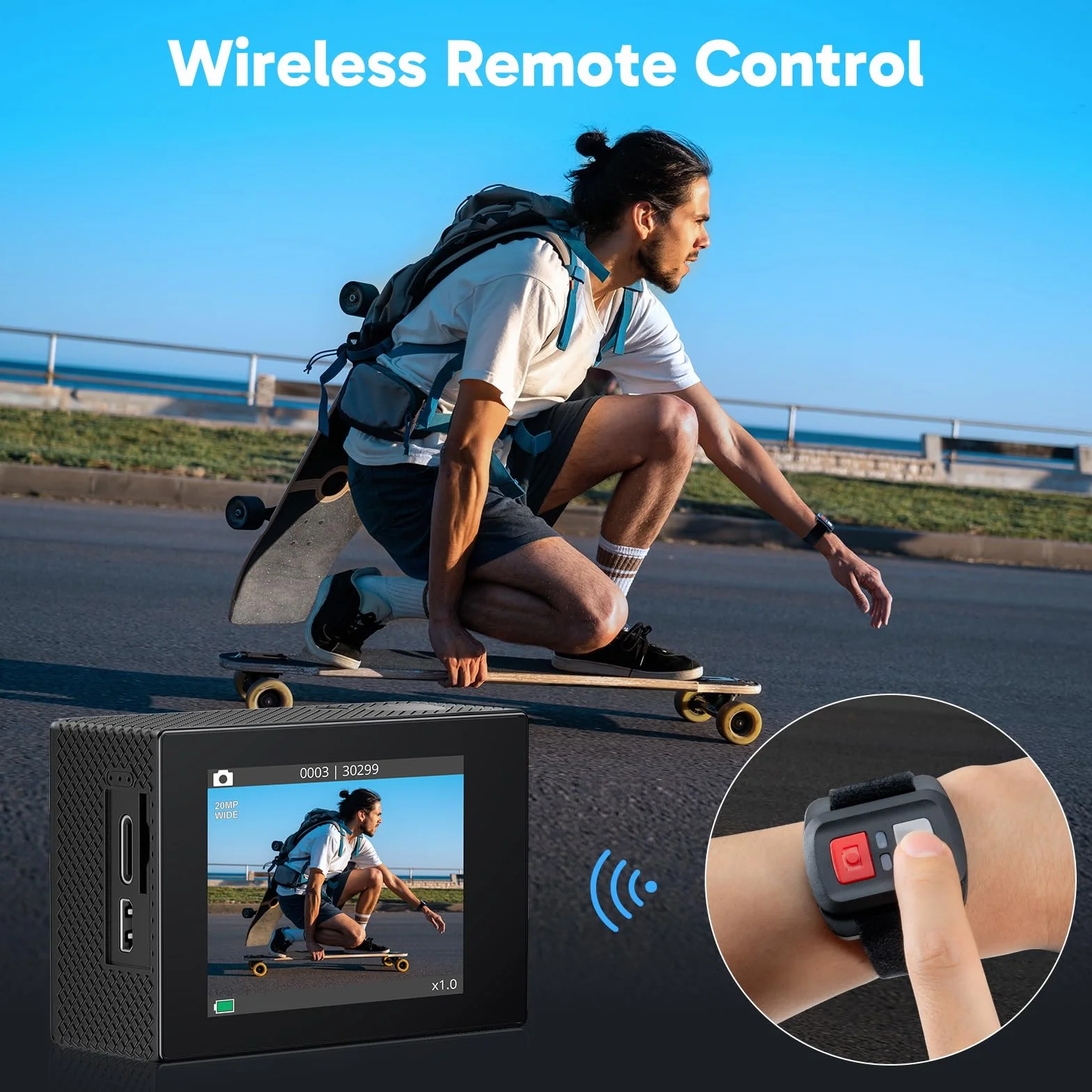 AKASO EK7000 Action Cam 4K, Fotocamera Subacquea WiFi 20MP, Impermeabile 30M, Microfono Esterno Compatibile, Telecomando, 2 Batterie 1050 mAh, Accesorios Multiples per Bicicletta Casco Sci Surf