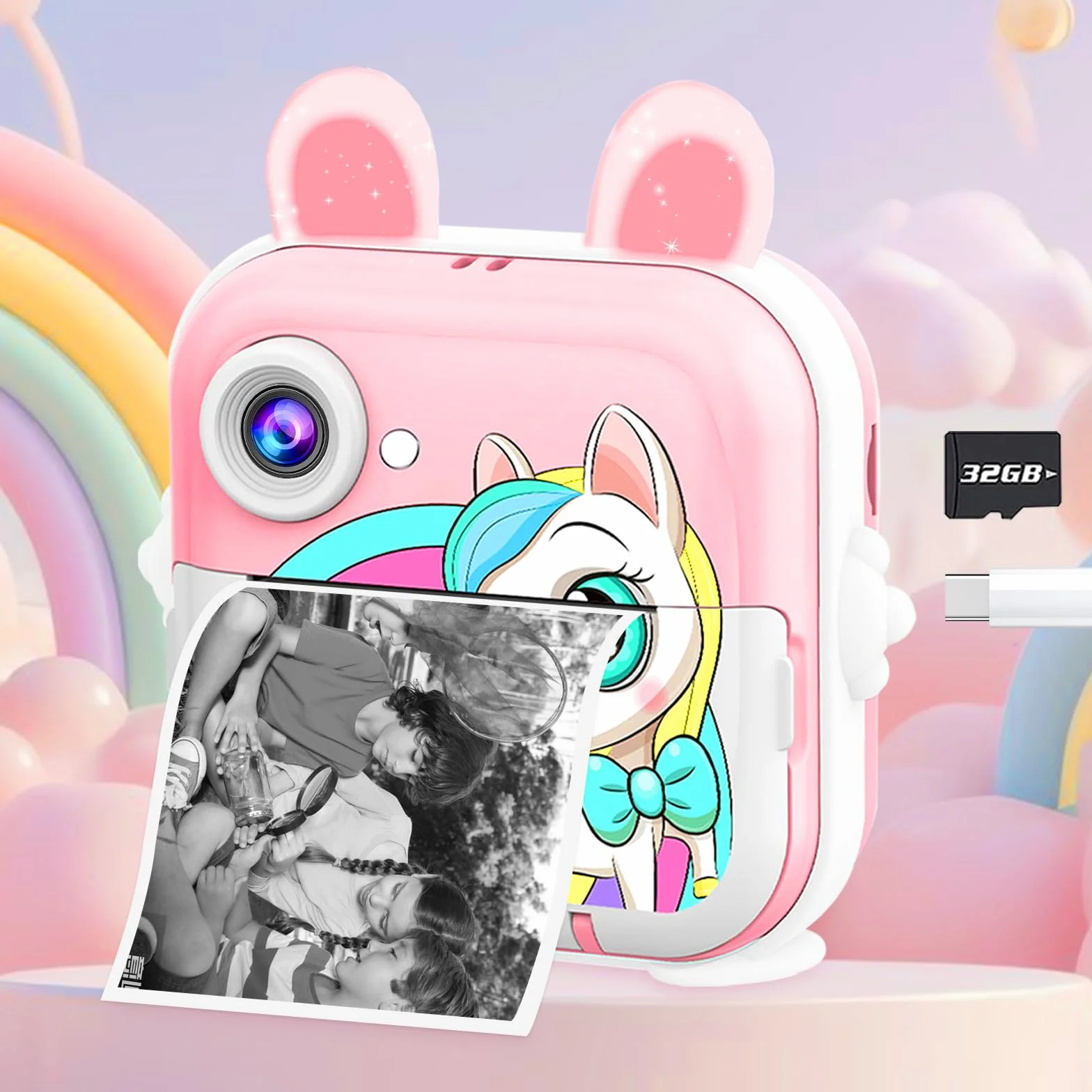 CATGIFF Macchina Fotografica Bambini Istantanea, 2.4 Pollici 1080P HD Fotocamera Digitale Bambini con Matita Colorata Carta da Stampa e 32GB Scheda, Rosa