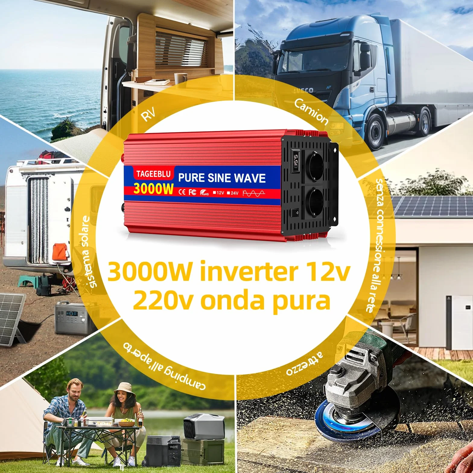3000w Inverter 12v 220v Onda Pura con Display LCD & EU Presa
