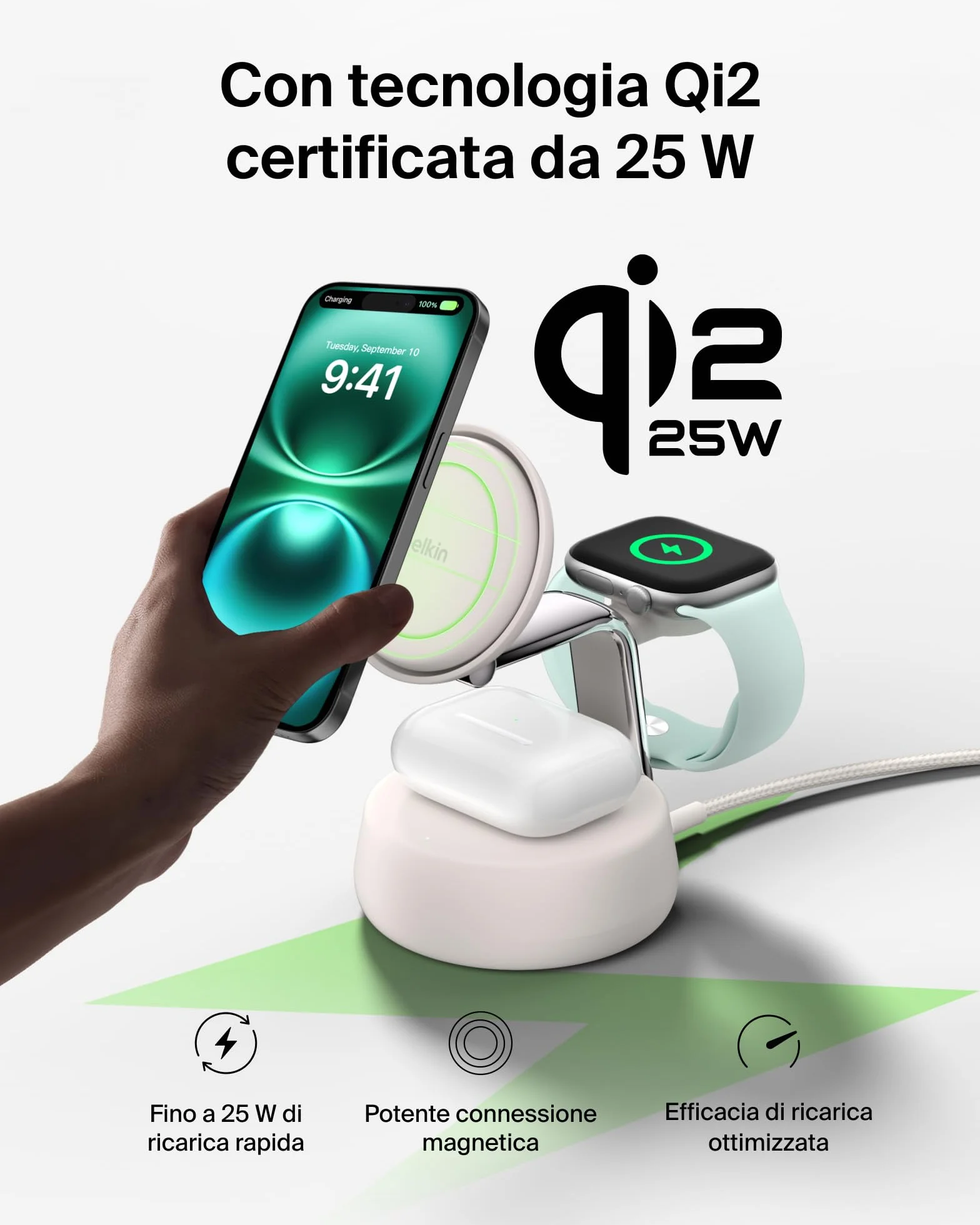 Belkin UltraCharge Pro Caricatore Wireless 3 in 1, Stazione di Ricarica Qi2 25W, Compatibile con MagSafe per iPhone 16, Apple Watch, AirPods, Pixelsnap con Ventilatore e Adattatore 45W, Sabbia
