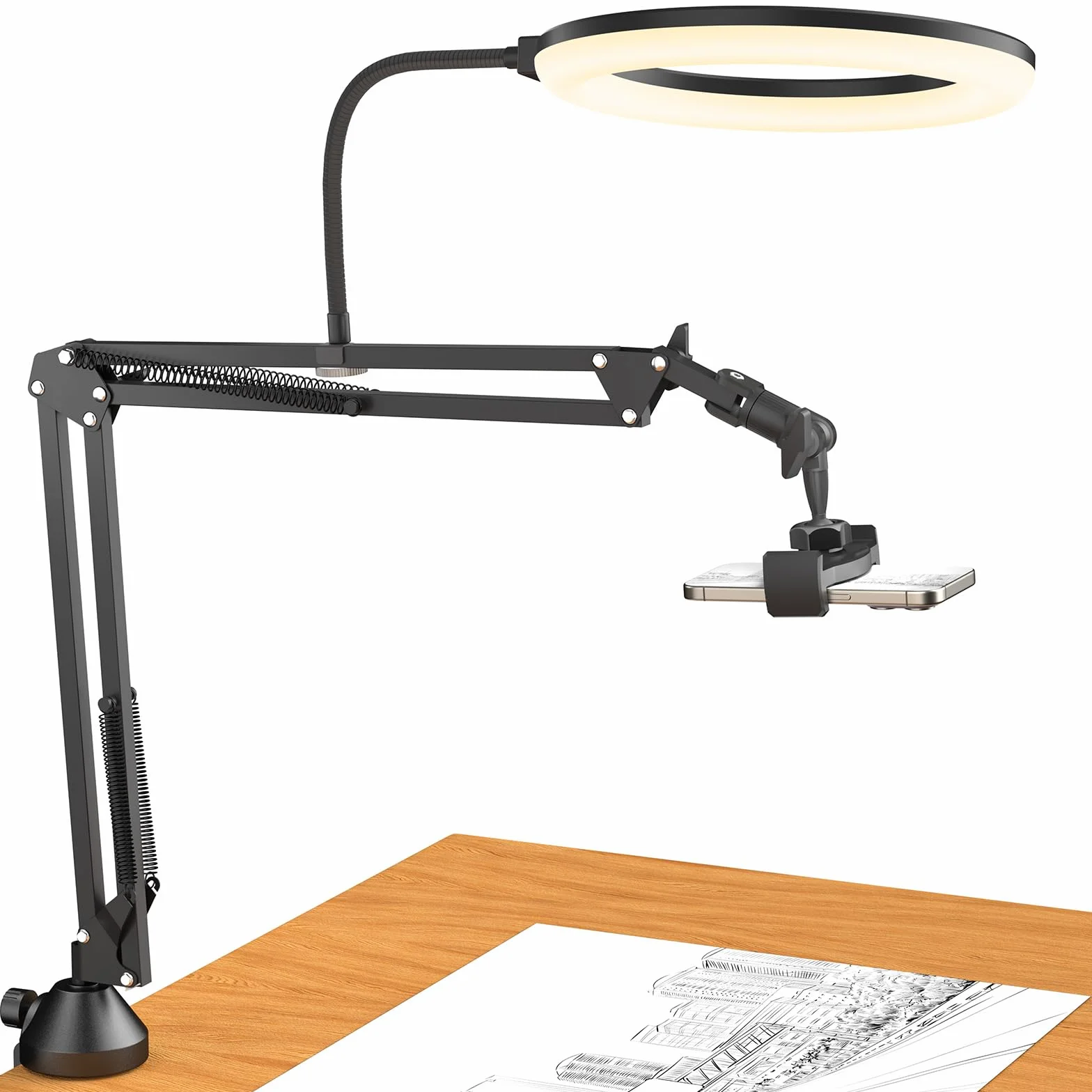 Kit luce anulare TONOR, luce anulare da 10" con braccio Heayy Duty e supporto per telefono, angolo regolabile, adatta per registrazione video, streaming live, disegno, trucco per unghie