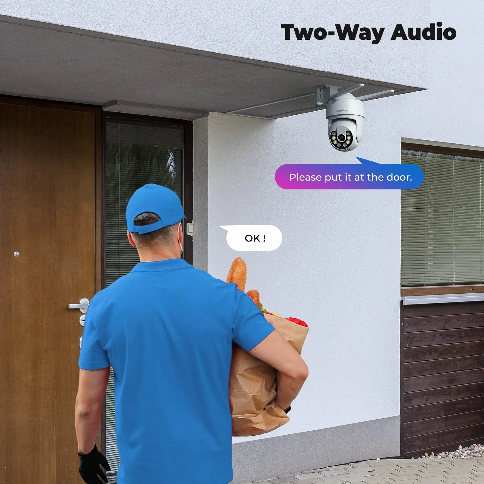 2K Telecamera Wi-Fi Esterno con vista a 360°, Codnida 3MP Videocamera Sorveglianza con fili PTZ Telecamera con Visione Notturna, Tracciamento Automatico del Movimento,Allarme Sonoro e Luminoso
