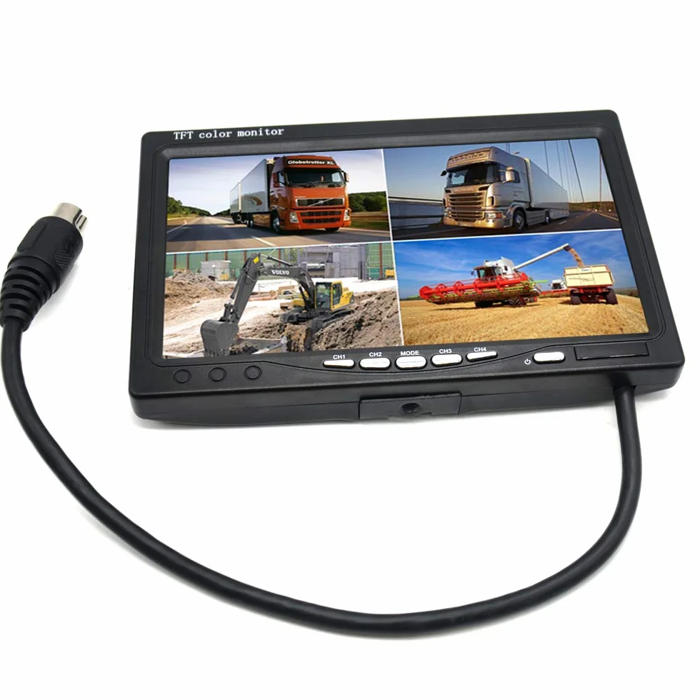 Padarsey Monitor TFT LCD da 7 pollici per specchietto retrovisore auto Quad Split, telecomando, 4 canali ingressi video RCA (connettore antiurto a 4 pin), schermo 12 V-24 V 800 × 480 HD, con parasole