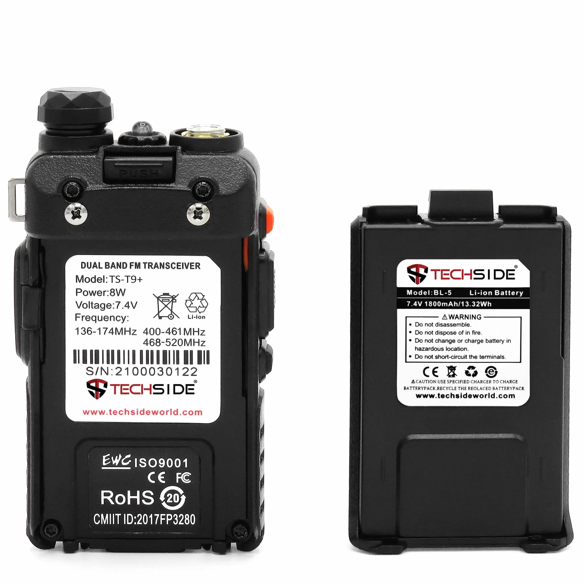 TECHSIDE MOD. POTENTE 8W | Tri-Power | Radio TS-T9+ Dual Band Vhf/Uhf | COMPATIBILE BAOFENG canali PREINSTALLATI MIDLAND G7 Pro G9 TI-F8+ PMR446 LPD SoftAir Vigilanza