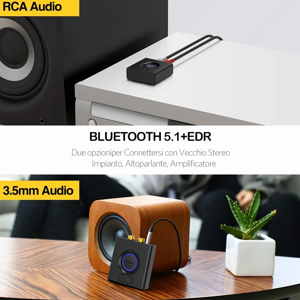 1Mii Ricevitore Bluetooth HiFi, Adattatore Audio Bluetooth 5.1 RCA/AUX 3,5mm Jack con Batteria da 12 Ore, con Modalità Bassi, Bassa Latenza per Impianto Stereo, Amplificatore, Casse Attive- ML200