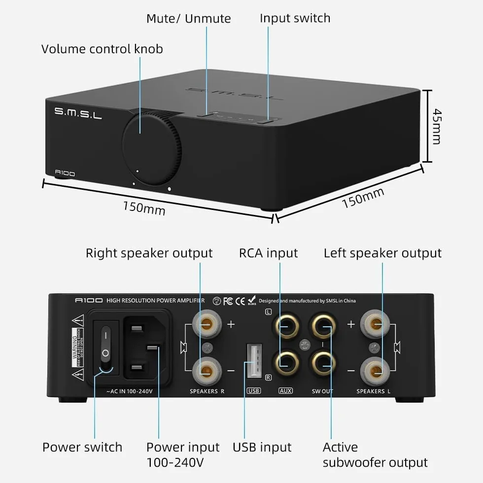 SMSL A100 Amplificatore Hifi, Amplificatore Audio Utilizza Il Chip Ma12070 Di Infineon, Supporto Multi-Dispositivo Usb, Bluetooth 5.0 Con Protezione Del Circuito
