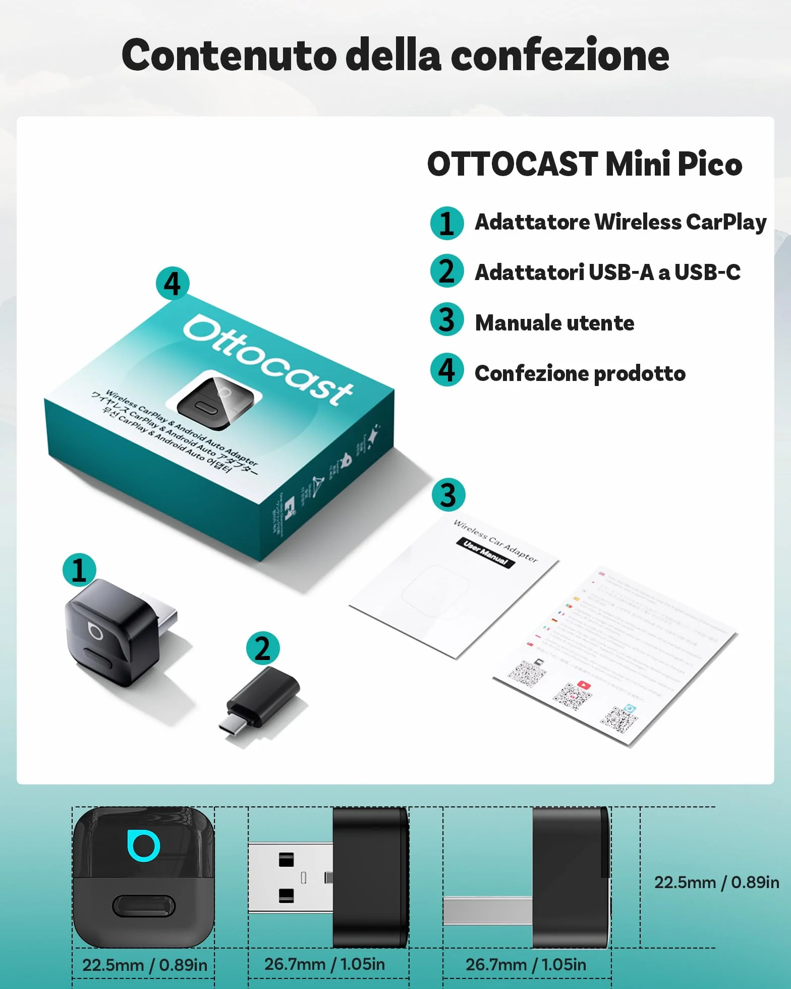 OTTOCAST Mini Pico 2026, Adattatore CarPlay Wireless Android Auto, WiFi 6 & Bluetooth 5.4, Riconnessione in 5 Secondi, Plug & Play USB, Per Auto con CarPlay Cablato OEM 2016+