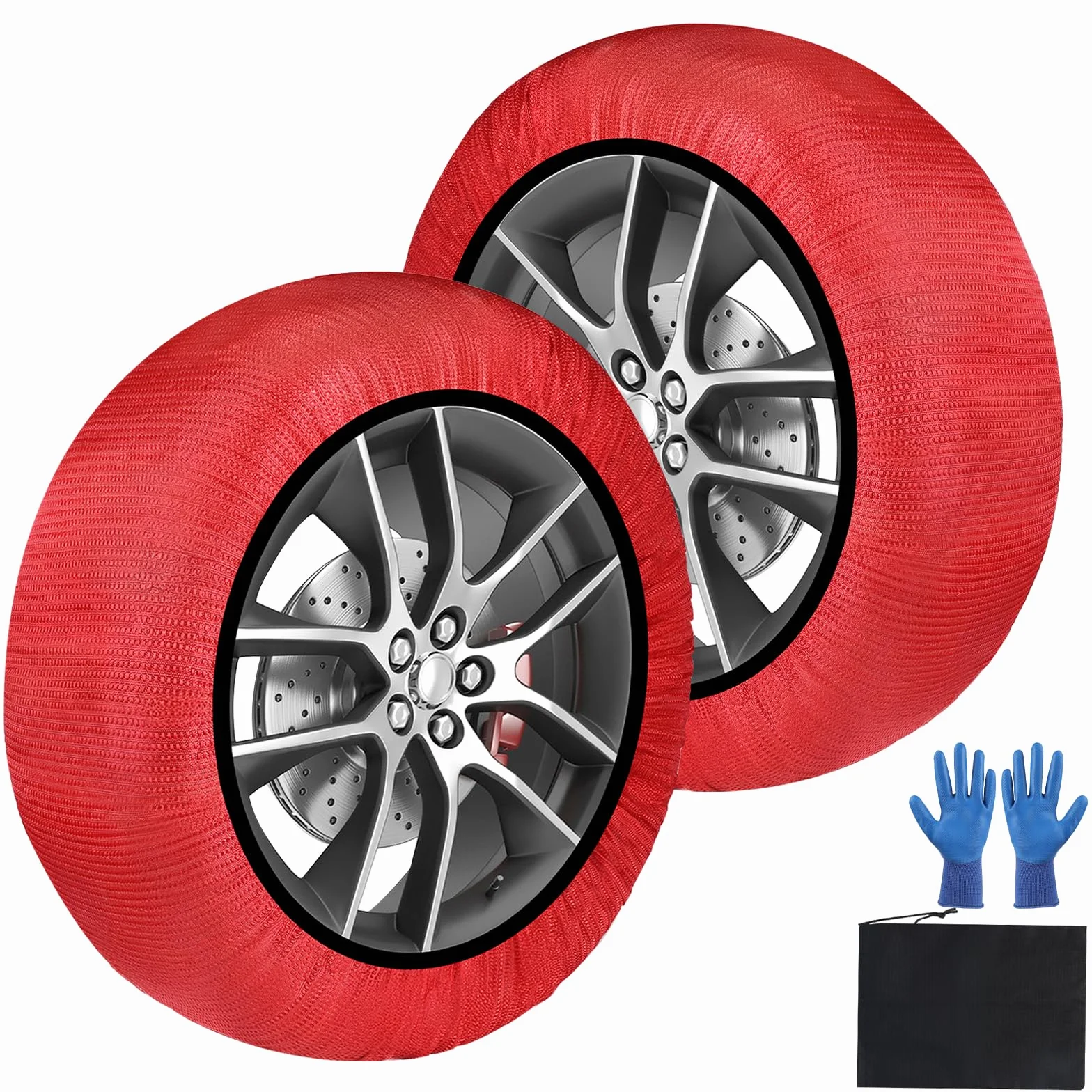SWAWIS Catze da Neve Omologate EN 16662-1 Catene da Neve in Tessuto Taglia XL per R14 - R22 Auto Universali, 1 Coppia Rosso