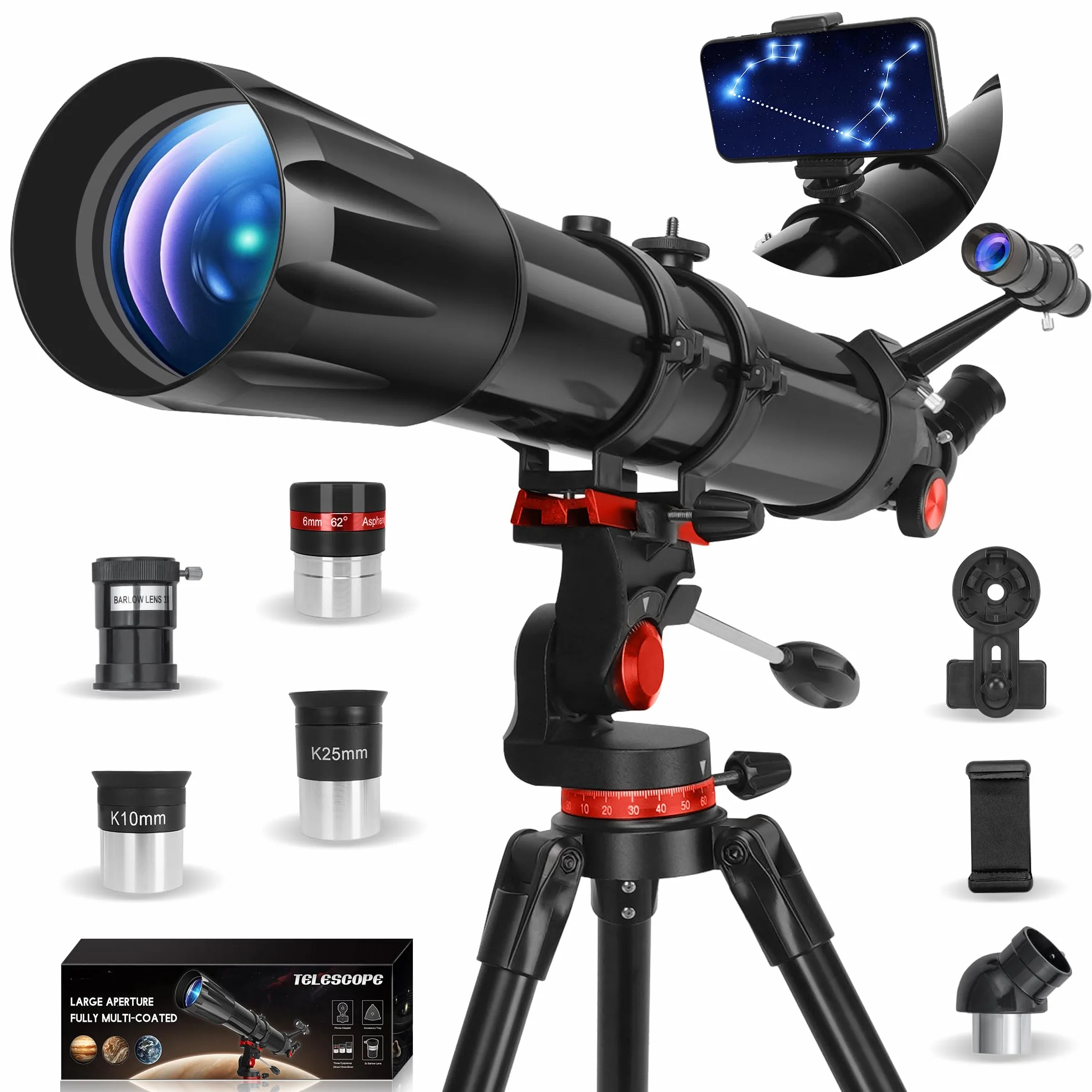 HETEKAN Telescopio, Telescopio Astronomico Professionale, 90/900 mm (36X-450X) Telescopios Rifrattore per Adulti Bambini e Principianti, per Osservazioni Planetarie, con Adattatore per Cellulare