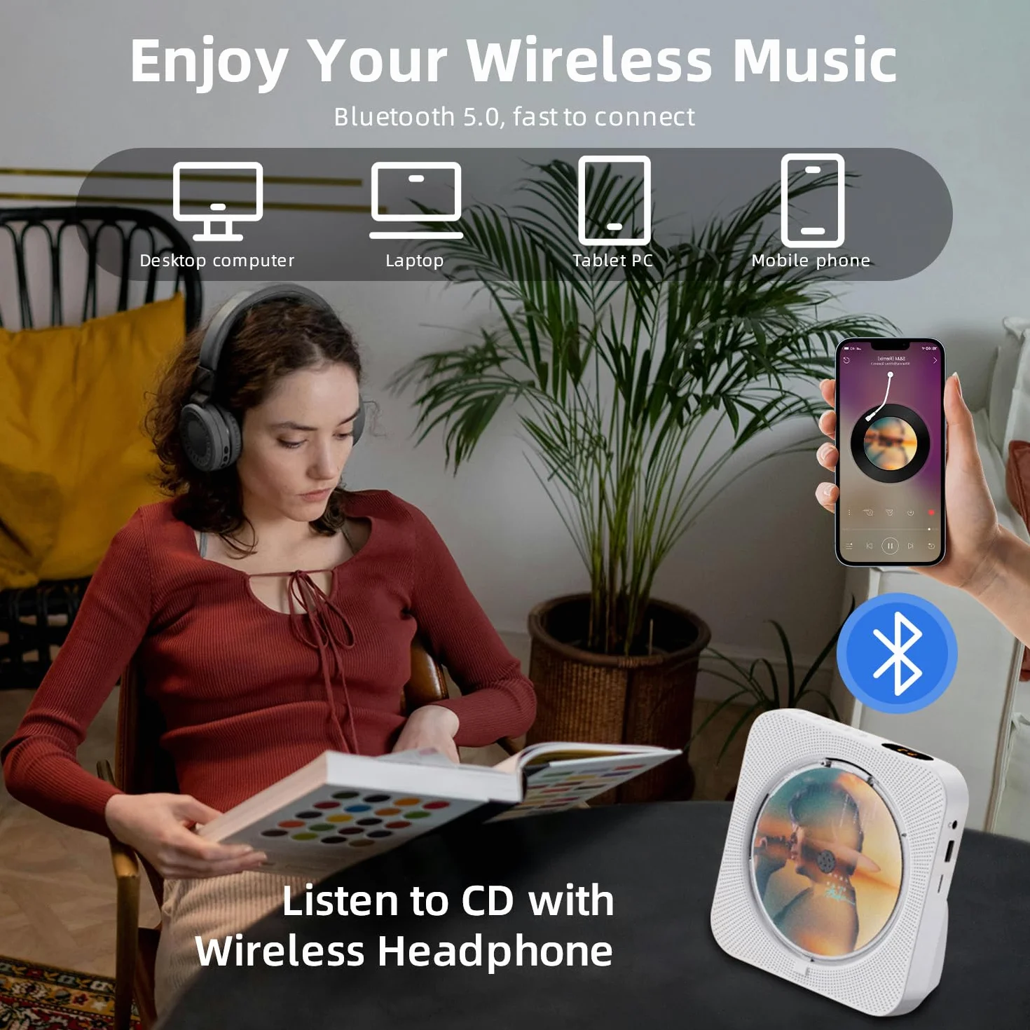 Lettore CD, lettore CD Bluetooth portatile, altoparlanti hi-fi integrati con timer, radio FM USB