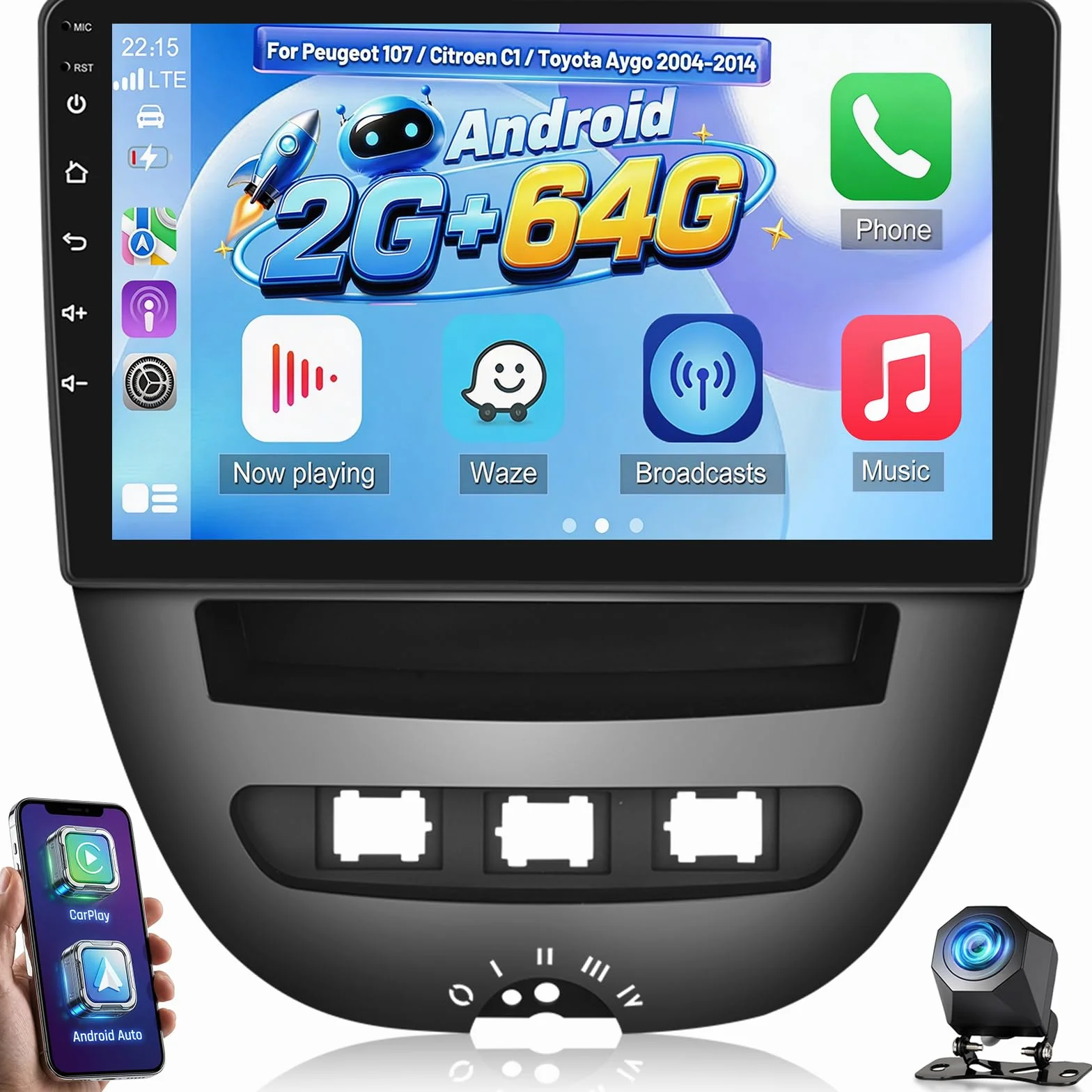 NHOPEEW Autoradio Android 2+64 GB per Peugeot 107 / Citroën C1 / Toyota Aygo 2004-2014 Supporta CarPlay Android Auto, video online, navigazione GPS e comandi al volante temi per l'interfaccia utente