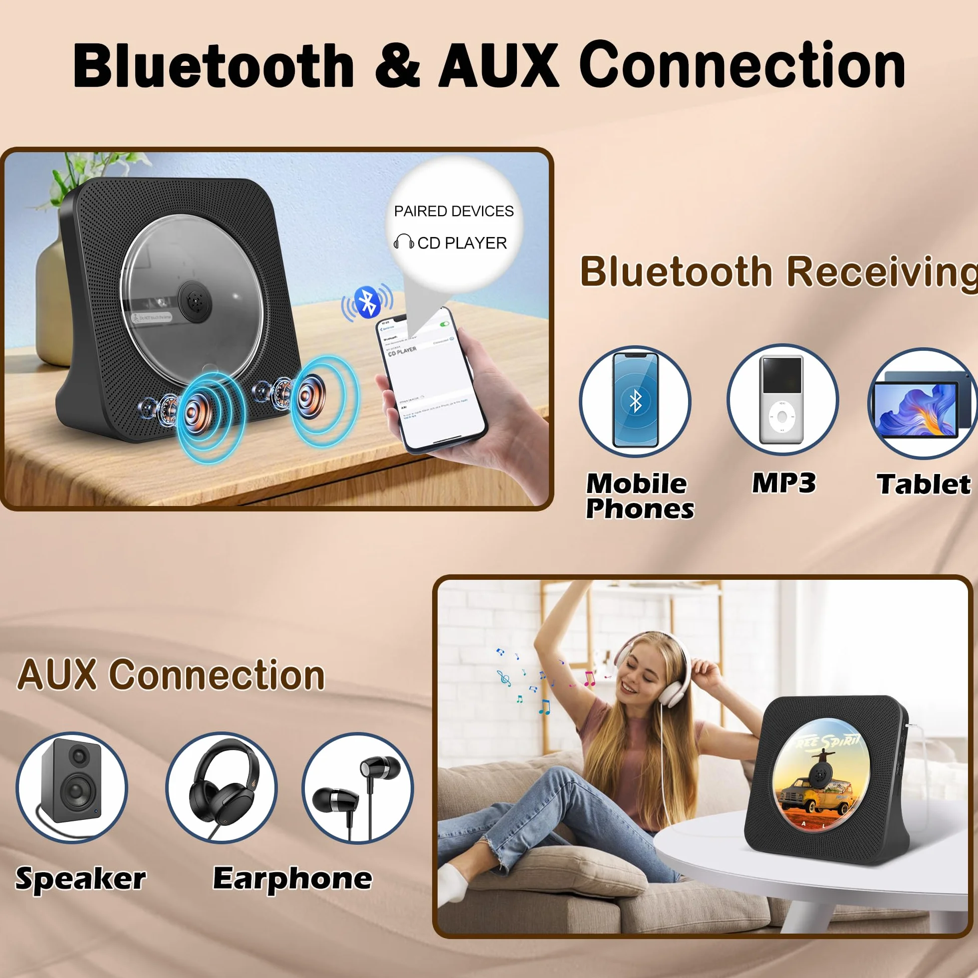 Lettore CD Portatile con Bluetooth, USB, AUX, Stereo Lettore CD Casa Ricaricabile con Copertura, HIFI Sterei per CDs（Nero）