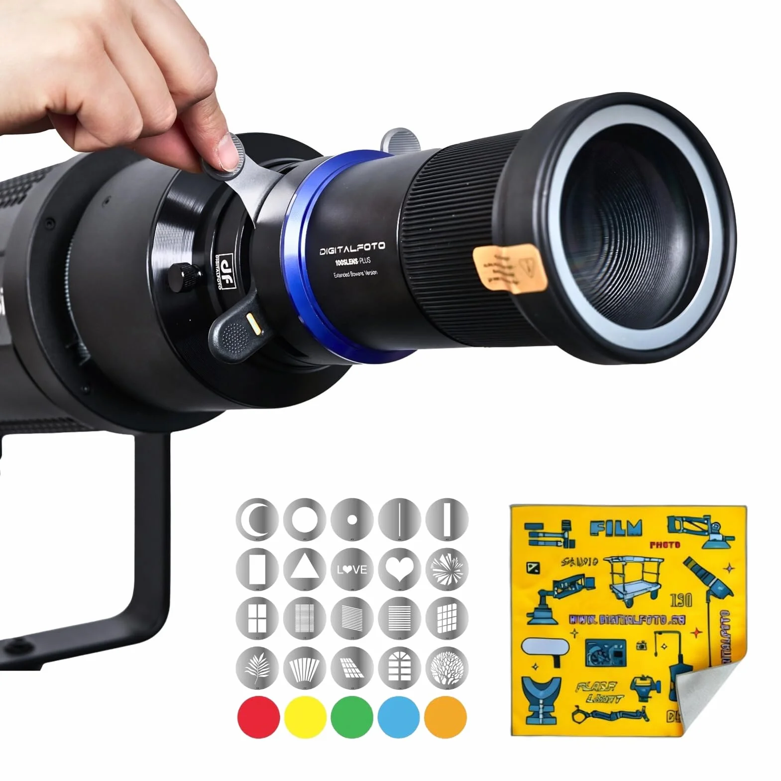 Spotlight Snoot Ottico Bowens 100SLENS-PLUS per Aputure Amaran 60D/100D/150C/300C, 600X Pro, Godox SL60 – 33° Grandangolo / 16° Tele, LED 300W, 20 Gobos e 5 Filtri