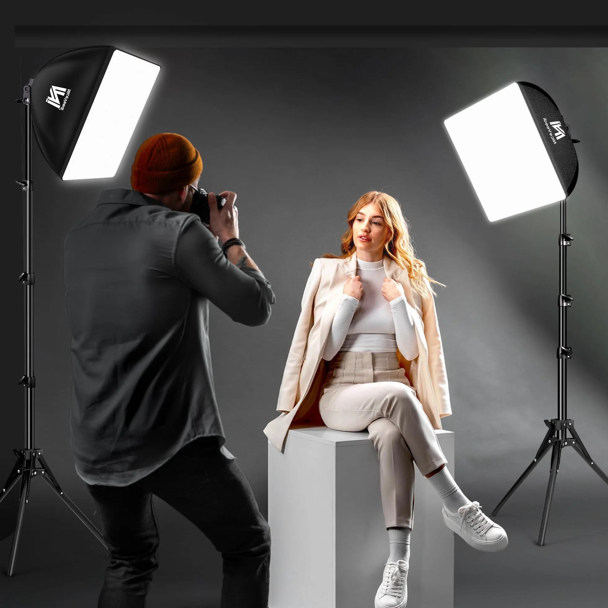 Softbox, Kit Softbox LED da 50 W, Luce Fotografica 40x40 cm con Lampadine 5500K e 150 cm Treppiede, Illuminazione Continua per Fotografia/Registrazione Video/Streaming Live (2 confezione)