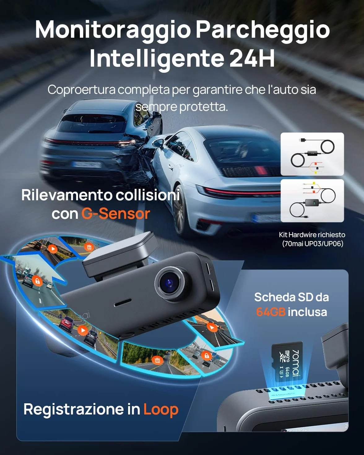 70mai T800E Dash Cam 4K 3 Canali Tripla Telecamera Anteriore e Posteriore 4K+1080P+1080P HDR Visione Notturna IR GPS Supercondensatore 64 GB SD