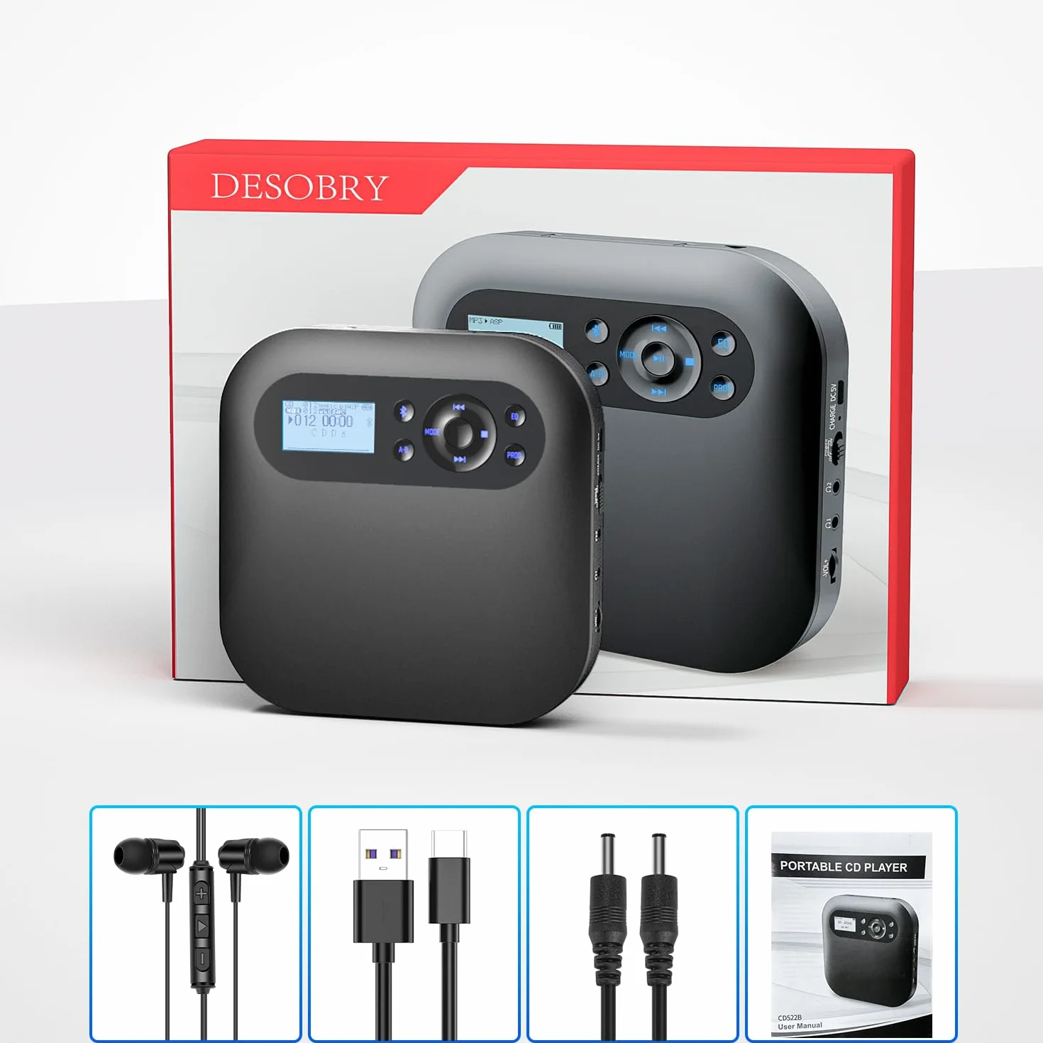 DESOBRY Lettore CD Portatile con Bluetooth e Altoparlanti, Discman CD Player Ricaricabile per Auto con FM, Anti-Skip, Schermo LCD, Lettore CD Portatile con Doppio Jack per Cuffie