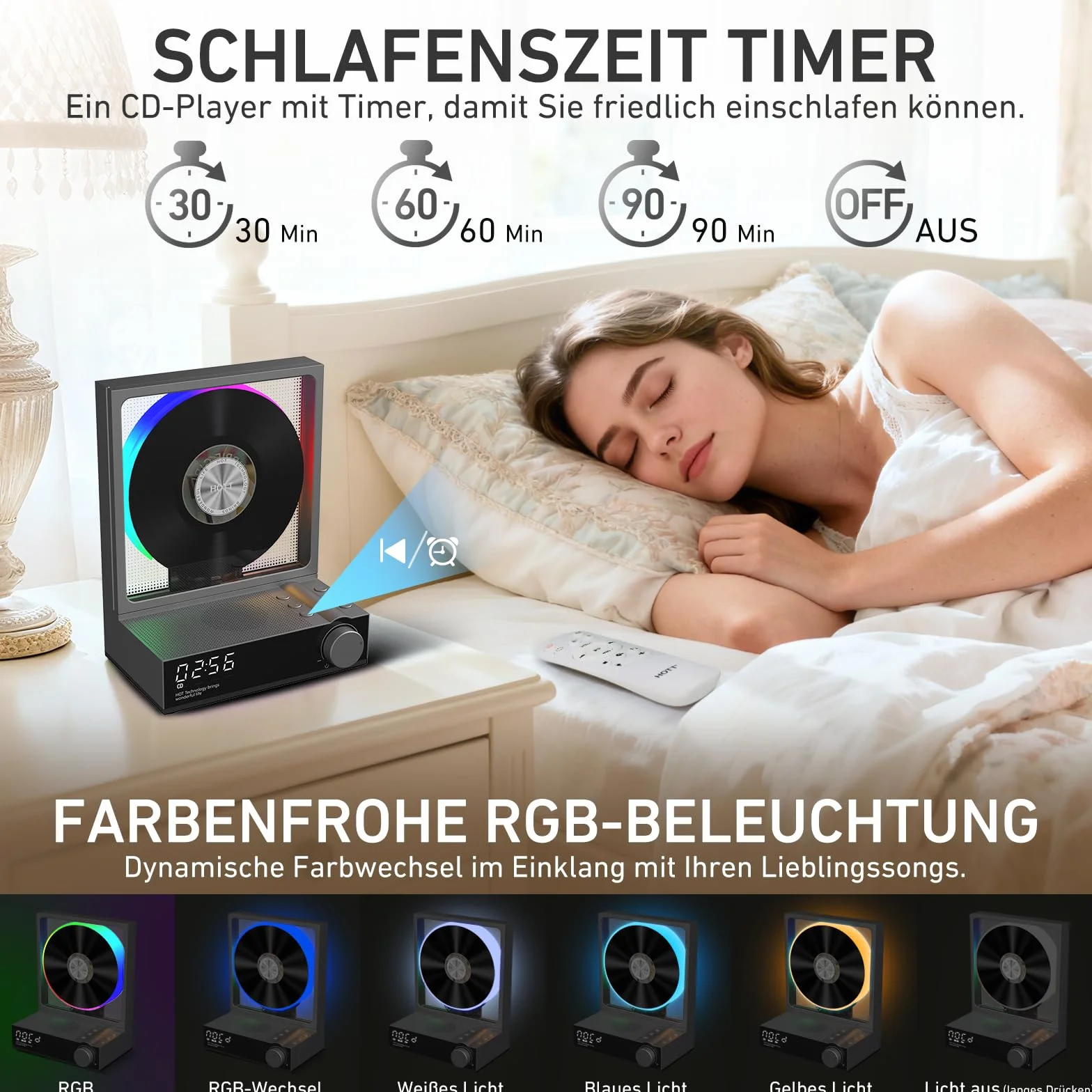 HOTT - Lettore CD portatile con telecomando, Bluetooth 5.3 Desktop CD con luci RGB, lettore CD con altoparlanti HiFi, supporta scheda TF, trascrizione, schermo LED, timer (grigio)