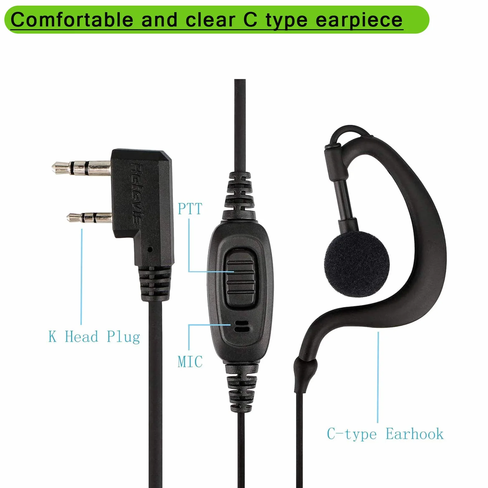 Retevis RE3120 Walkie Talkie Auricolare, C-Tipo Cuffie Walkie Talkie Compatibile con Radtel JUCJET RT24 RT668 RT27 RT622 RT15 RT619 RB628 Baofeng BF-888S KENWOOD ESYNiC Ricetrasmettitore (10 Pezzi)