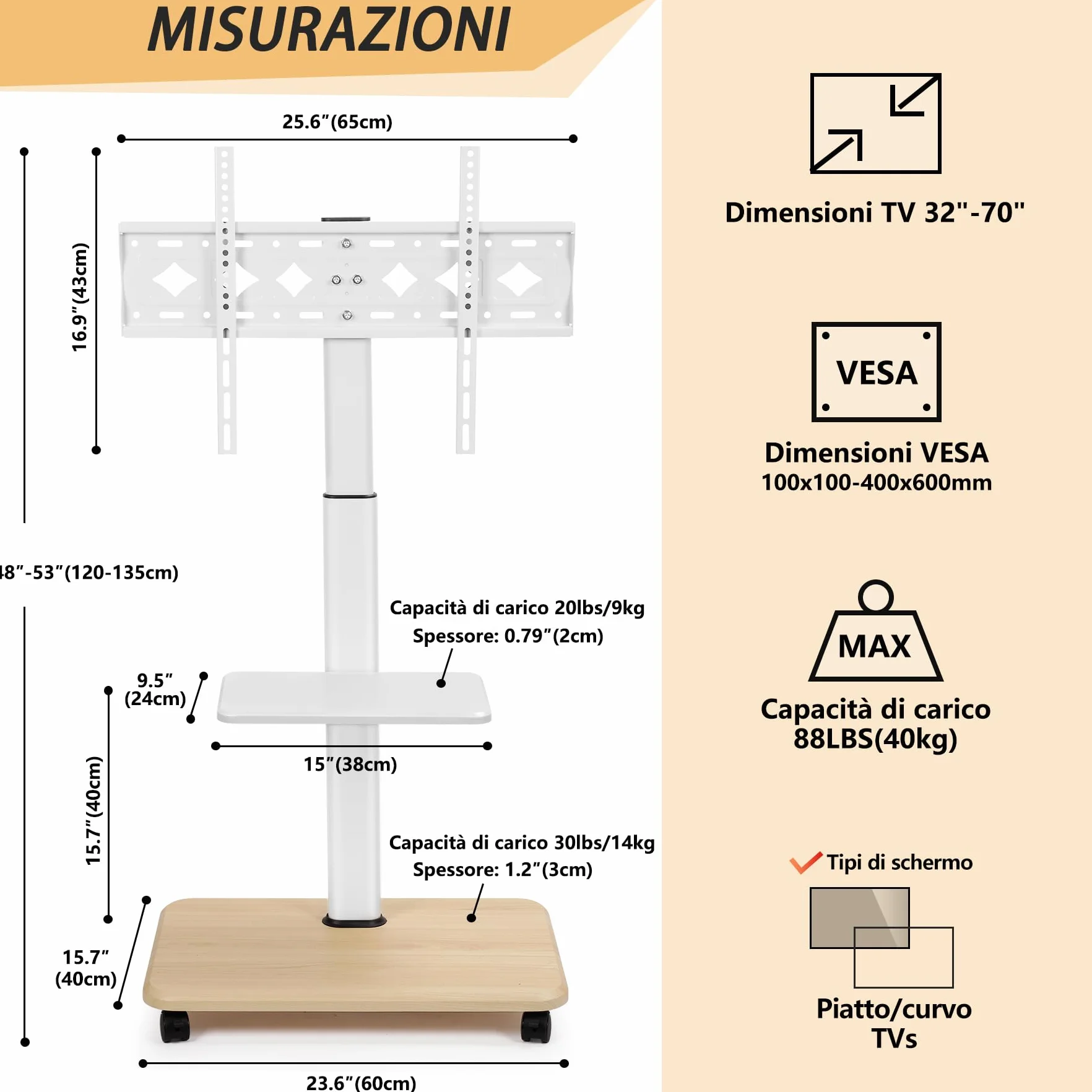 Supporto per TV con ruote bloccabili e ripiano per laptop, per schermi LED LCD OLED da 32-70 pollici, fino a 45,4 kg, altezza regolabile