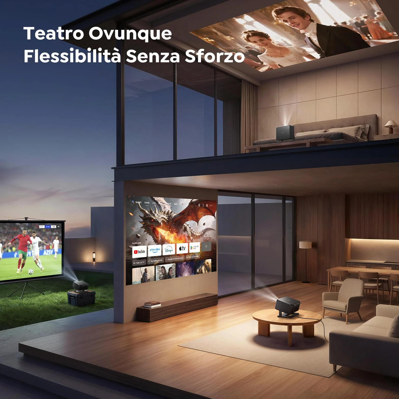Proiettore 4K Google TV Netflix Auto Focus 6D Keystone Corta Focale WiFi Bluetooth Home Cinema