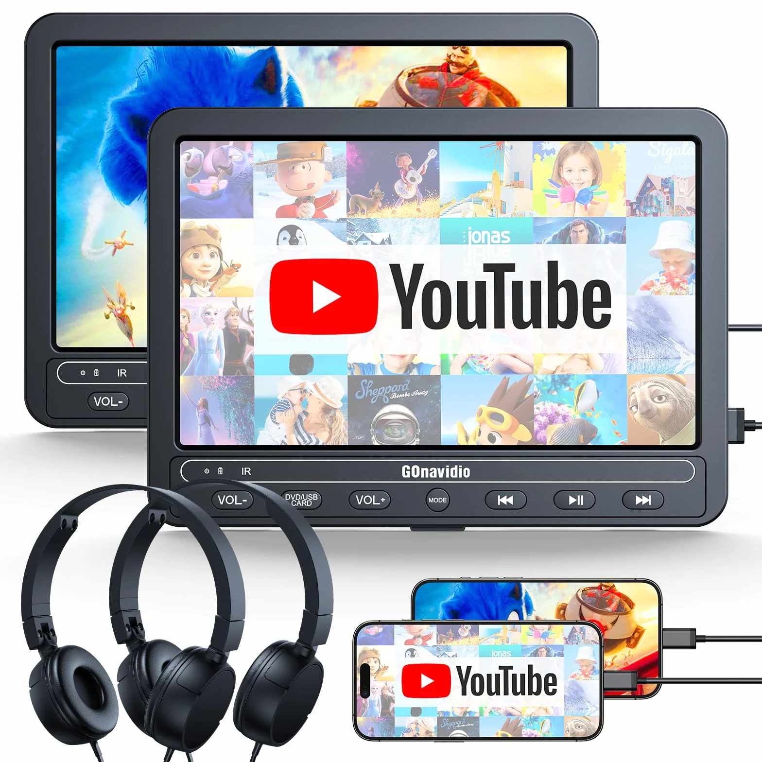 GOnavidio 10.5 Doppio Lettore DVD Portatile per Auto con Batteria Ricaricabile, Supporta HDMI, Autonomia da 5 Ore, USB/TF/AV IN/OUT/Regione Libera,18 Mesi di Garanzia