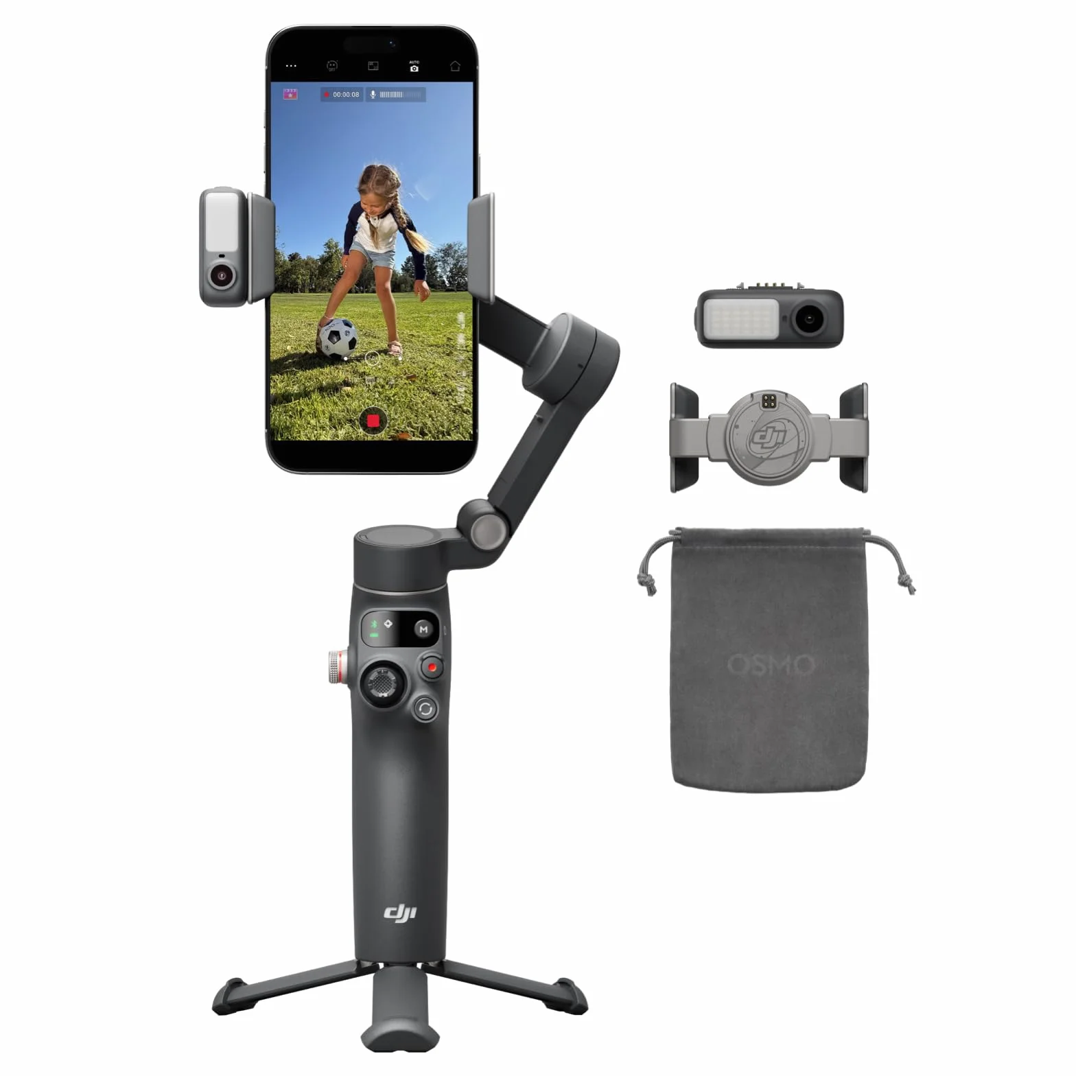 DJI Osmo Mobile 8 Combo Advanced Tracking stabilizzatore per smartphone, AI tracciamento nativo con audio e illuminazione, rotazione panoramica a 360°, manico telescopico e treppiede integrati