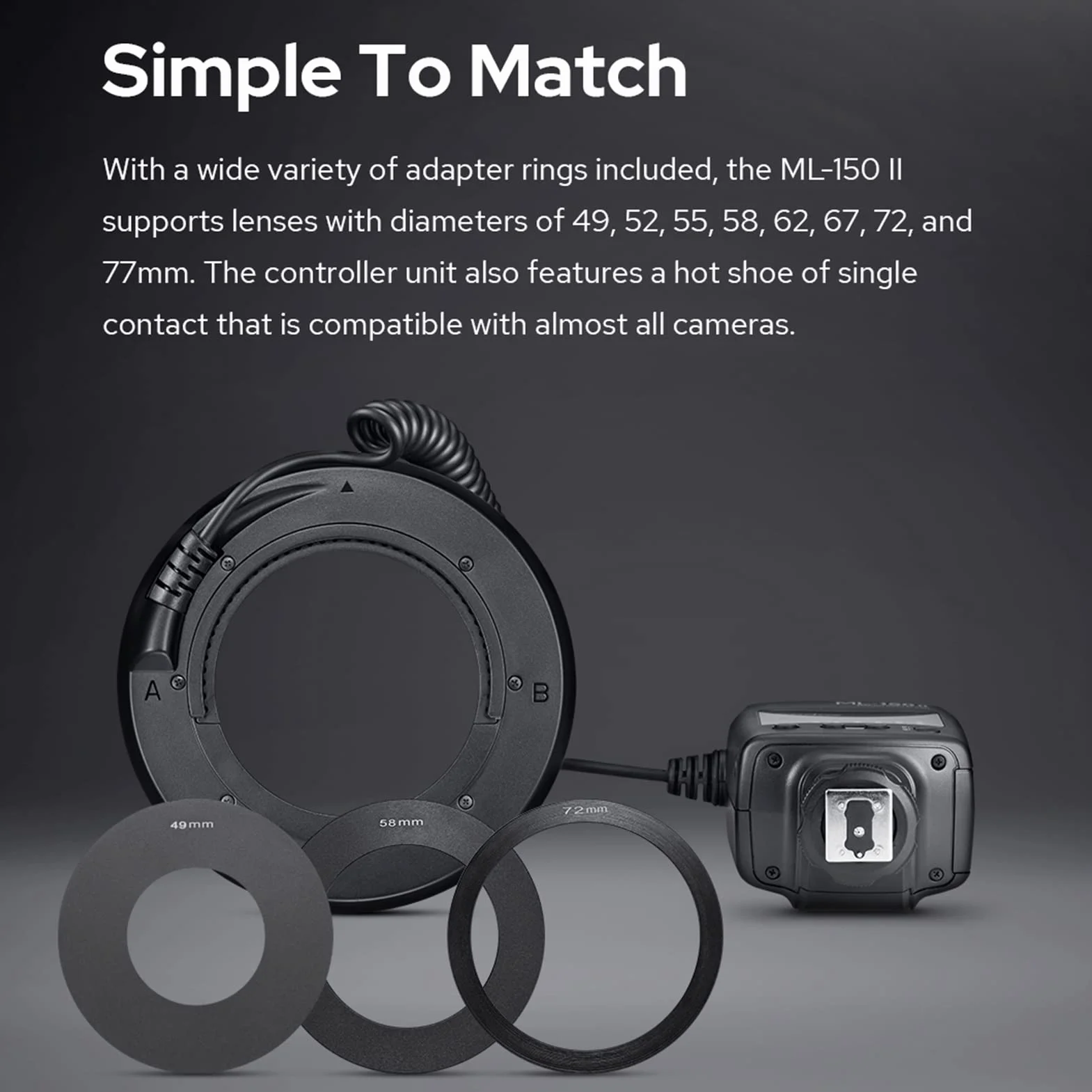 Godox ML-150II Universale Macro Ring Flash Light 11 Livelli Luminosità Regolabile GN12 Riciclo Veloce con 8pcs Anelli Adattatore di Ricambio per Canon Nikon Sony DSLR Camera