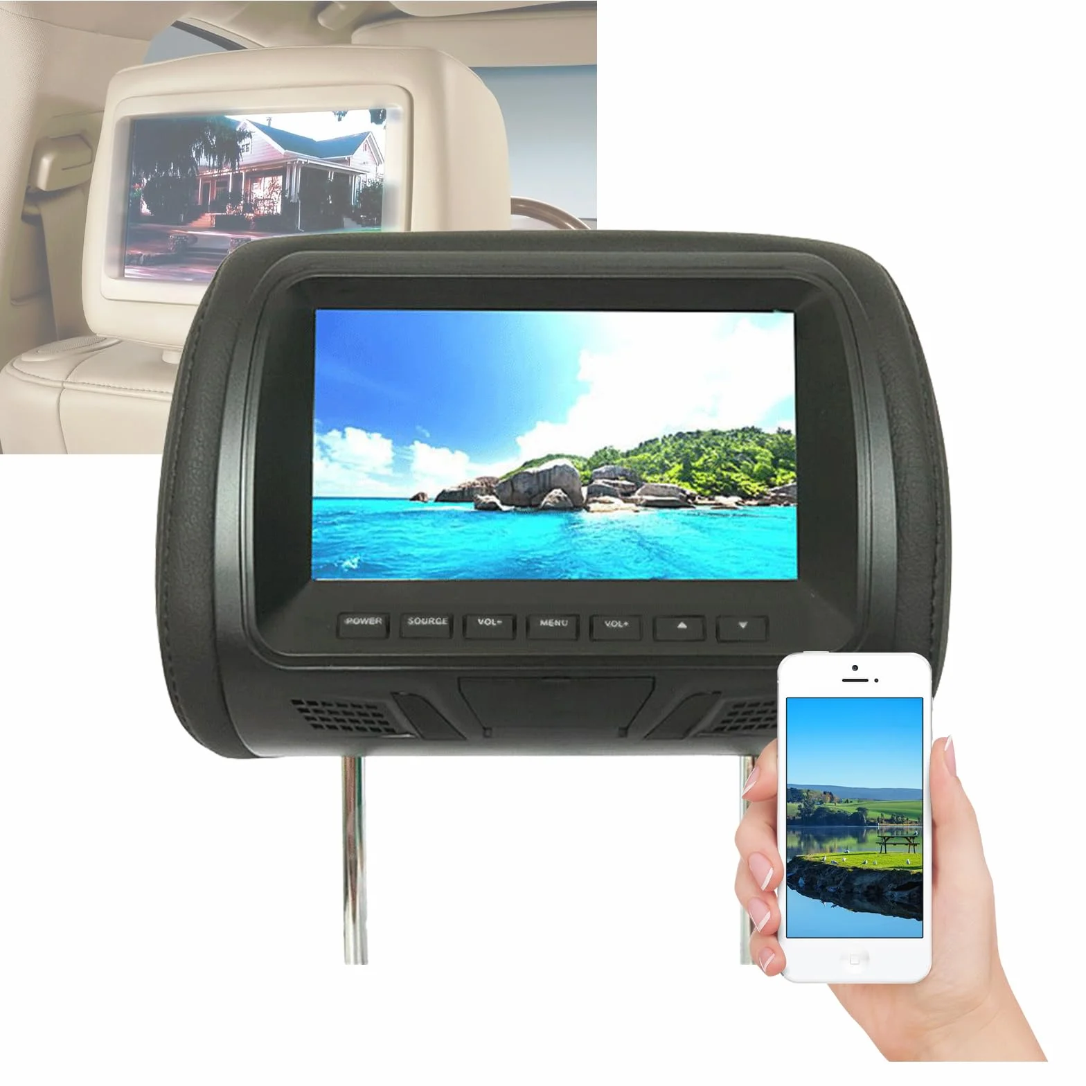 Monitor per Poggiatesta per Auto (7 Pollici), Lettore Dvd di Navigazione Universale per Auto, Display HD 16:9/4:3, Telefono + Connessione Bluetooth, Distanza Regolabile,Black