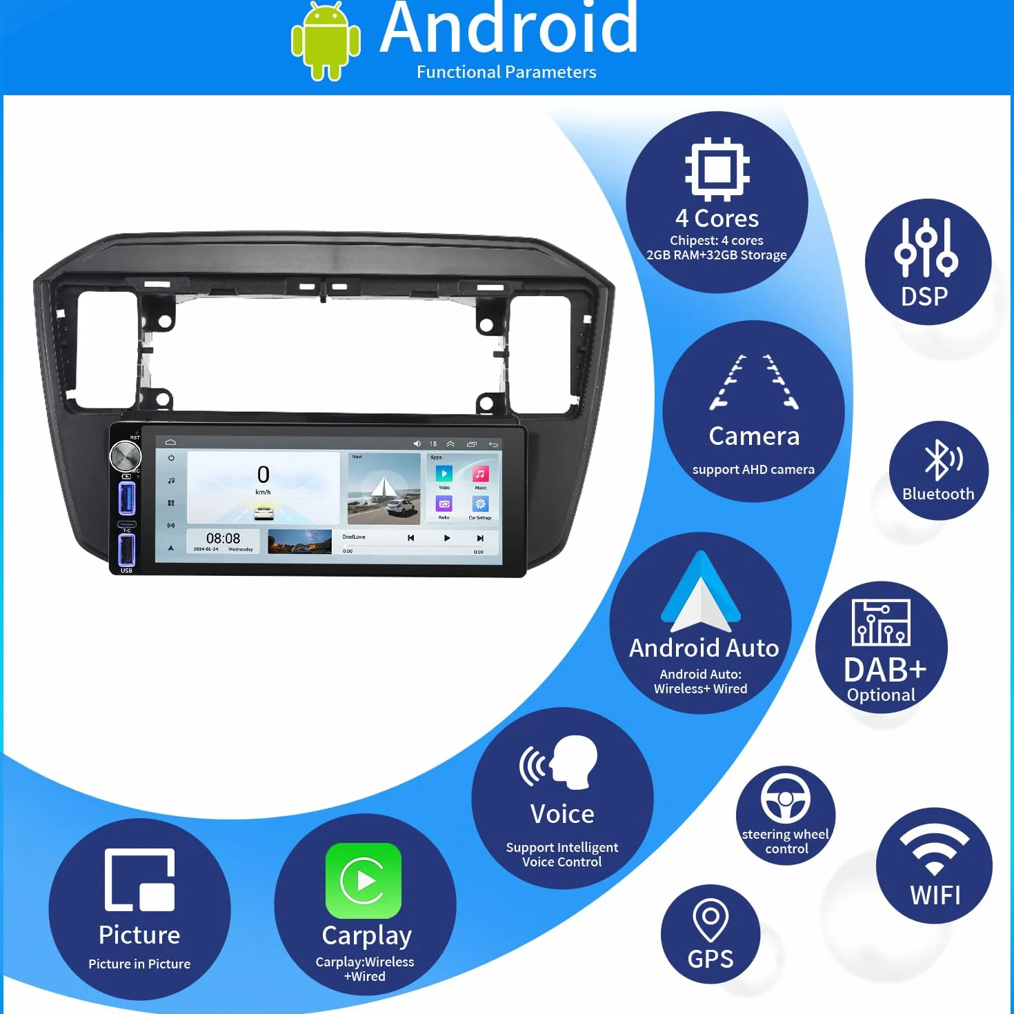 Navigatore Android Auto GPS Radio Navigator Carplay Fit for VW UP! e-up! e-Load Up 121 122 123 BL1 BL2 BL3/Skoda citigo E-Citigo/Seat MII E-MII KE KF/Seat lbiza DSP BT Pip DVR SWC DAB+Auto Fotocamera