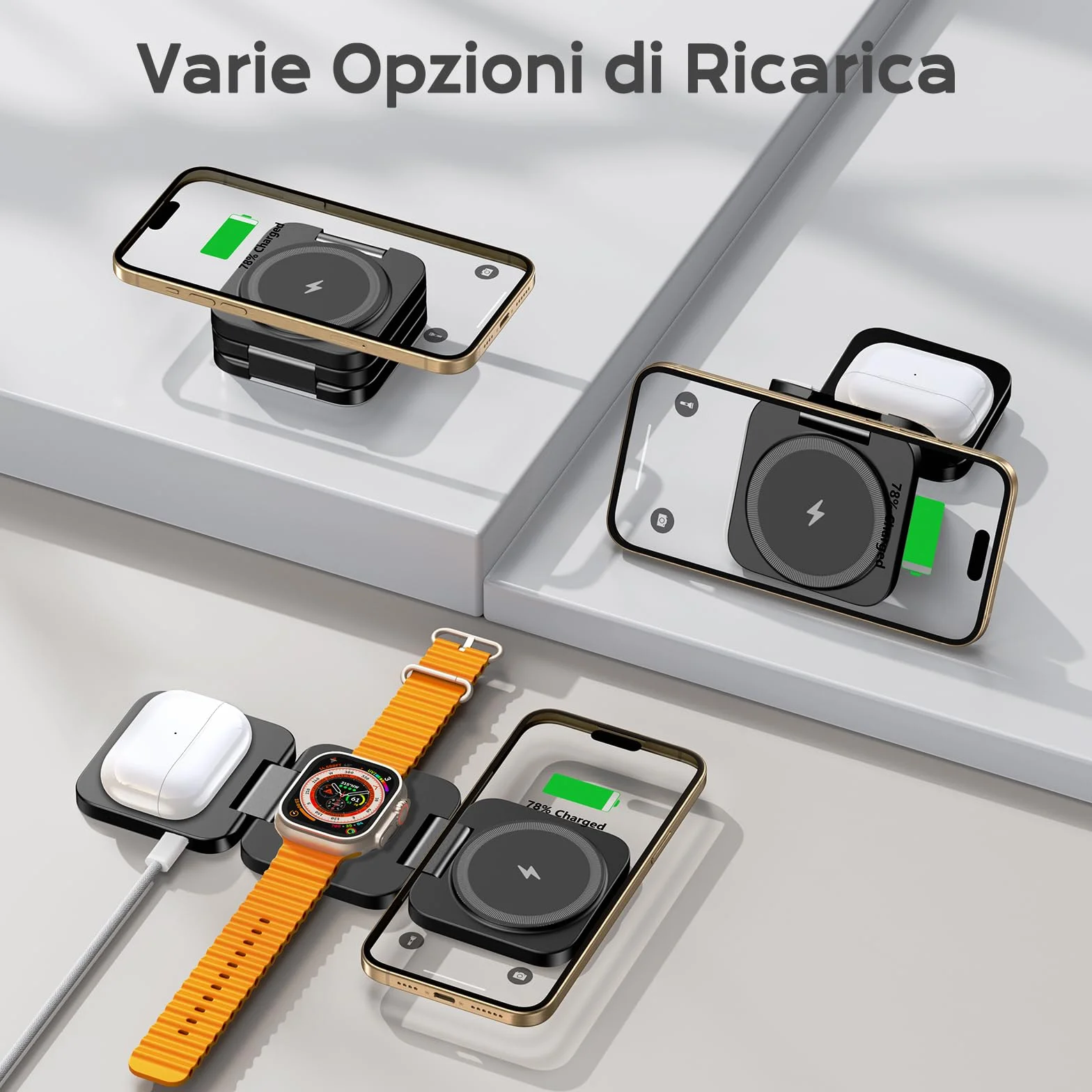 KU XIU Stazione Ricarica per Apple, 3 in 1 caricatore wireless per iphone, supporto magnetico pieghevole per iPhone 17/16/15/14/13/12, caricabatterie rapido da 5 W per Apple Watch, per Airpods
