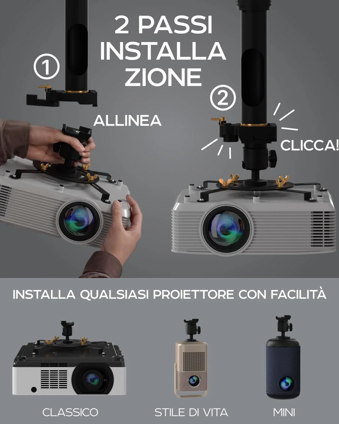 Supporto universale per proiettore PropVue - Supporto regolabile a soffitto o a parete per mini proiettori da ufficio e per la casa - Facile installazione, girevole a 360°, lunghezza da 35 a 53 cm