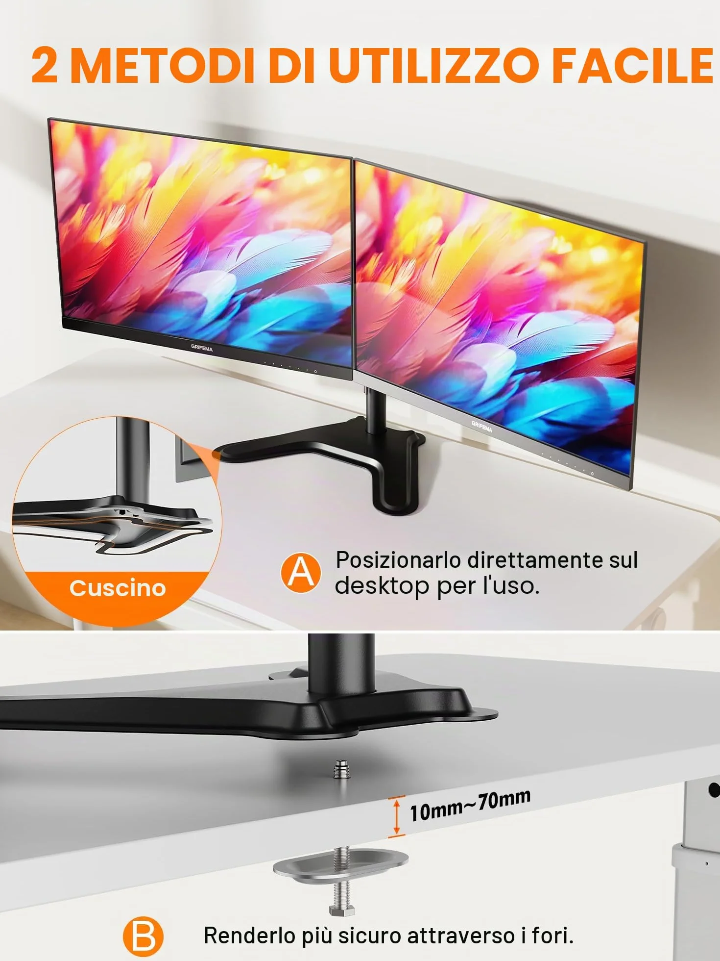 GRIFEMA Braccio Monitor Doppio per Schermi 13-32'', Supporto Doppio Monitor Altezza Regolabile, Base Allargata, Inclinazione, Girevole, Rotazione, Gestione dei Cavi, Fino a 10 kg, VESA 75/100mm