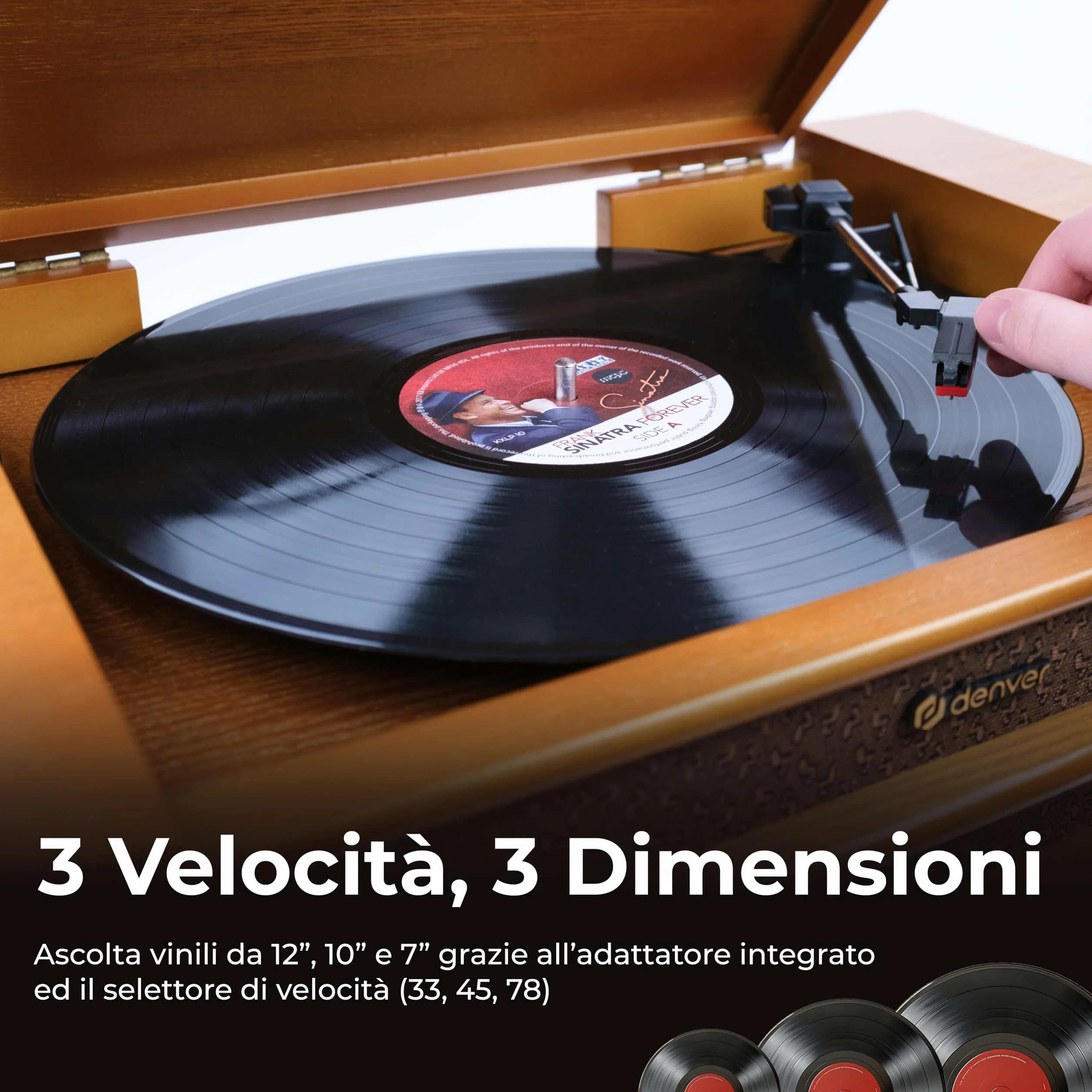 Denver MCR-50 – Giradischi Vintage con Lettore Vinili, Radio AM/FM, CD, Cassetta, USB MP3 – Giradischi Vinile con Casse Integrate – Gira Dischi per Vinili Retrò