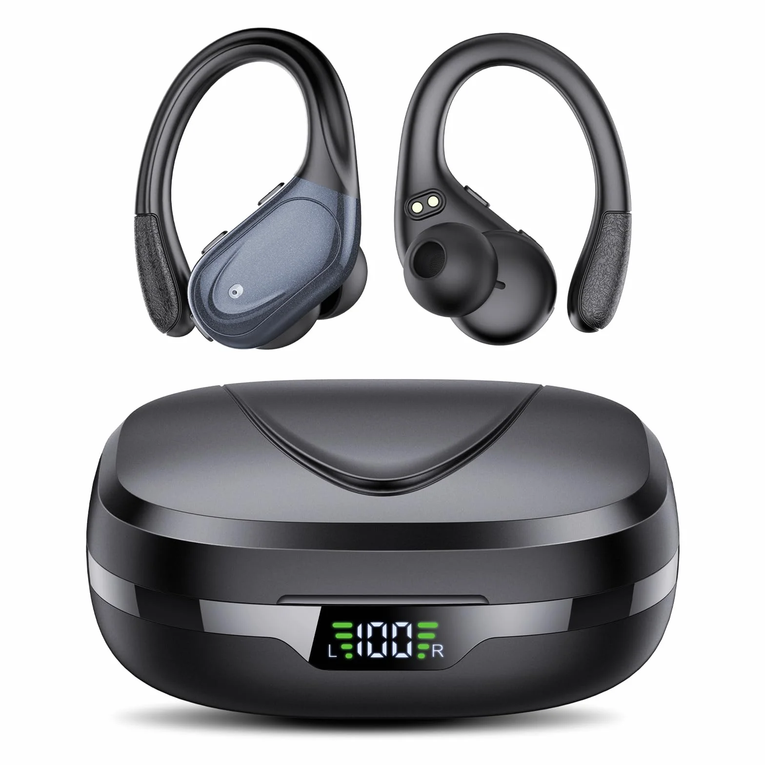 Cuffie Bluetooth Sport 5.3 Gancio Orecchio 60H LED Ricarica ENC IPX7 Impermeabile Nero