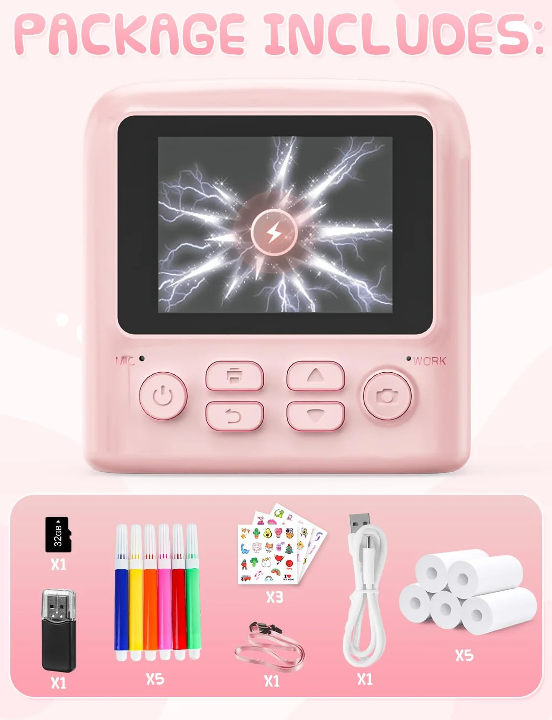 PHNIXGAM Fotocamera istantanea per bambini con 2 flash, fotocamera digitale per bambini 2,4 in HD, regalo per ragazzi e ragazze, tra cui 5 rotoli di carta da stampa e carta da 32 GB (Rosa)