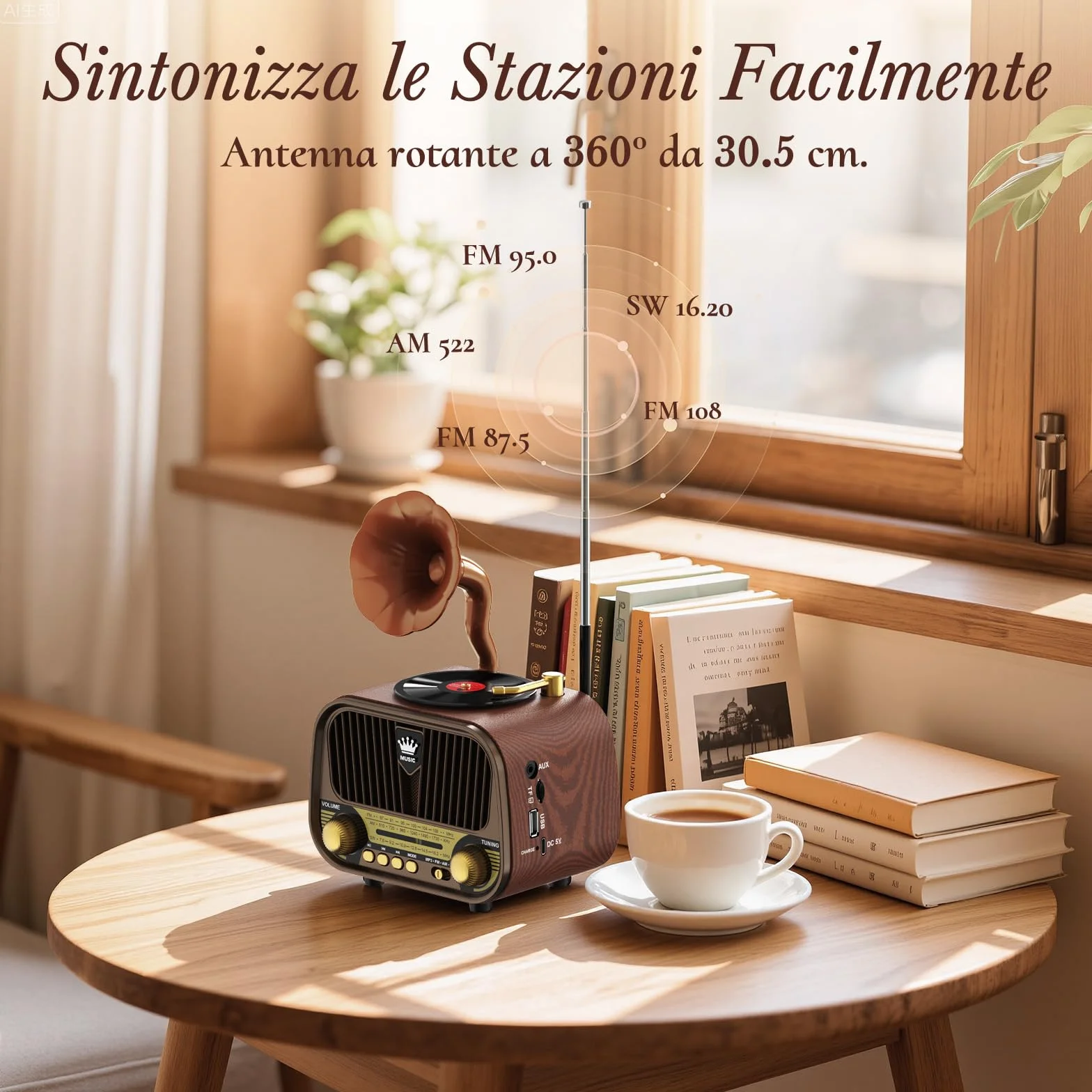 PRUNUS J-190 Radio Portatile Vintage FM/AM/SW, Bluetooth 6.0, Batteria 1800 mAh, TF/USB/AUX