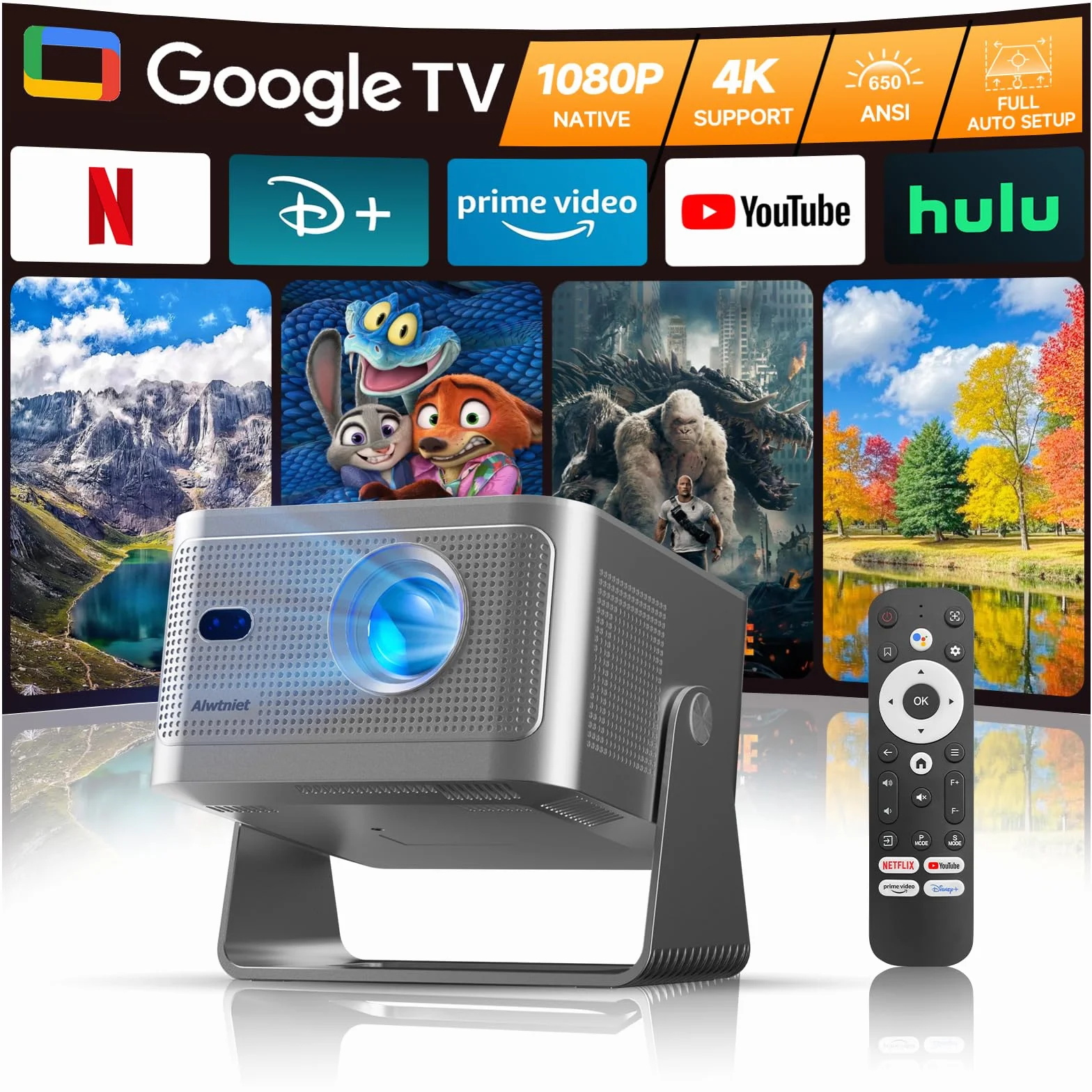 Proiettore 4K con Google TV, nativo Full HD 1080p, mini proiettore home theater, Bluetooth, WiFi, messa a fuoco automatica, correzione trapezoidale 6D