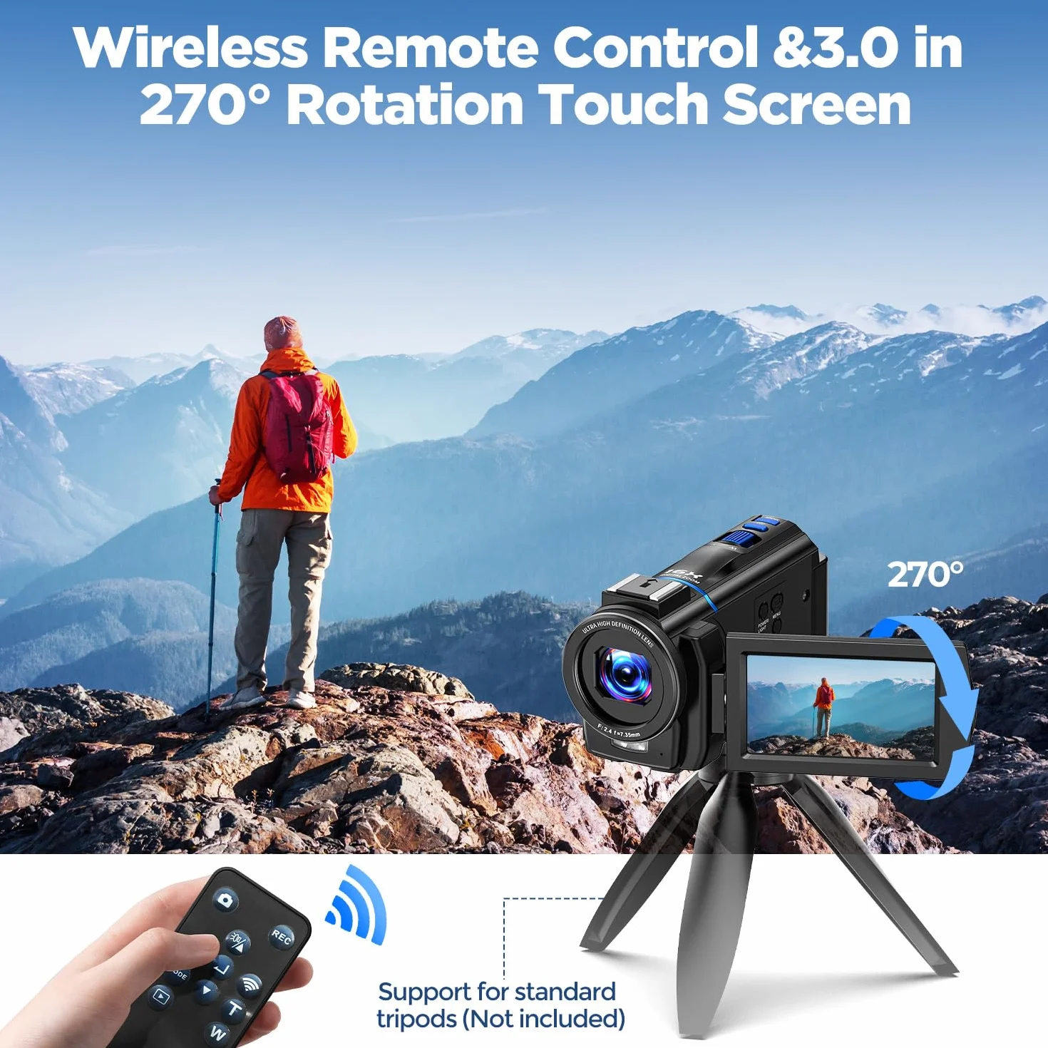 Camcorder 4K 48MP Videocamera YouTube, Visione Notturna IR Fill Light LED, Webcam Streaming, Schermo Tattile 3" 270°, 32GB SD, Telecomando, Batteria, Camera Vlog Principiante Economica