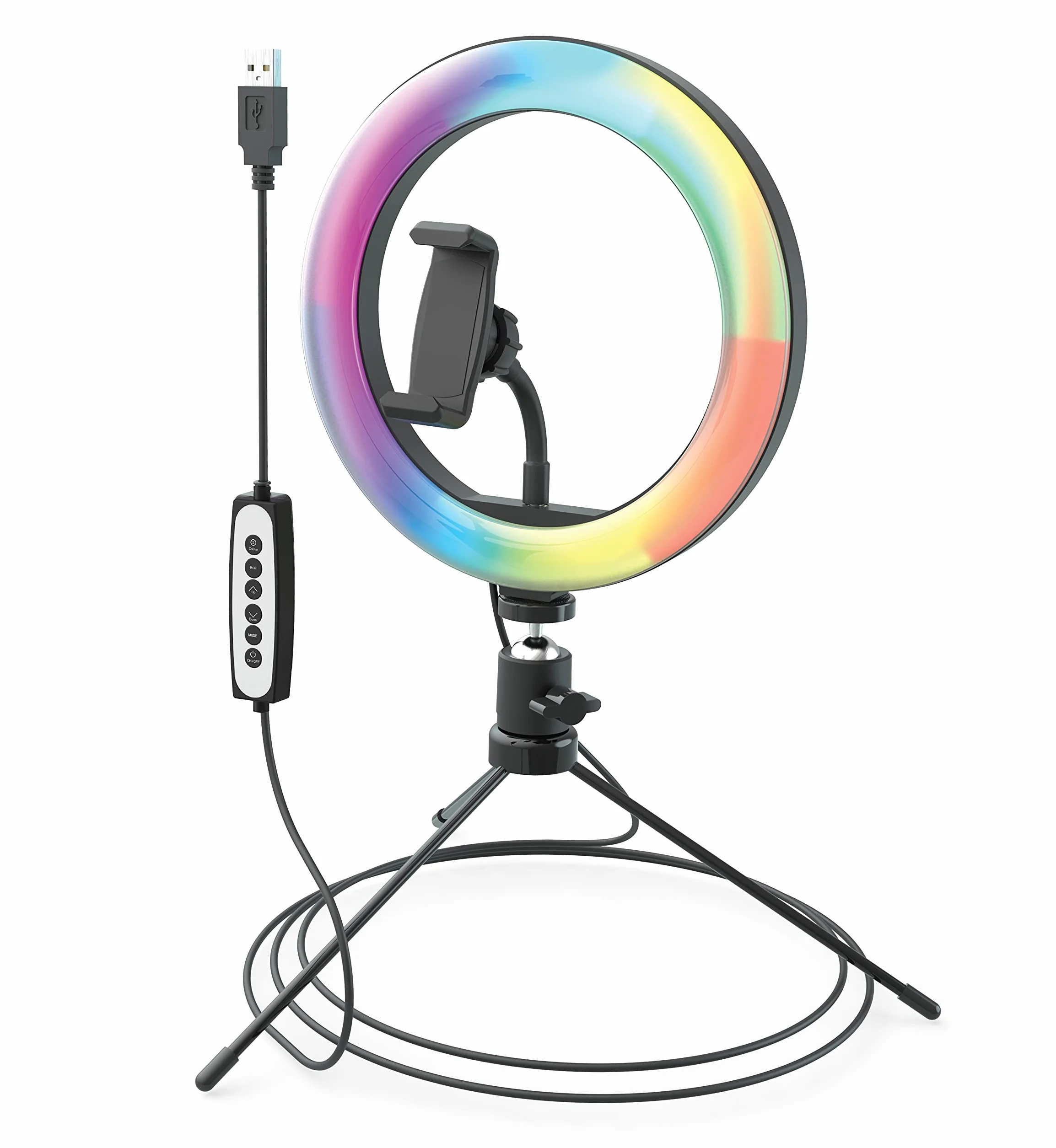 DigiPower Luce ad anello RGB da 10" con 3 modalità di illuminazione, 15 colori RGB e 10 livelli di luminosità, supporto per smartphone (iOS/Android), per trucco, YouTube, TikTok e Vlogging,