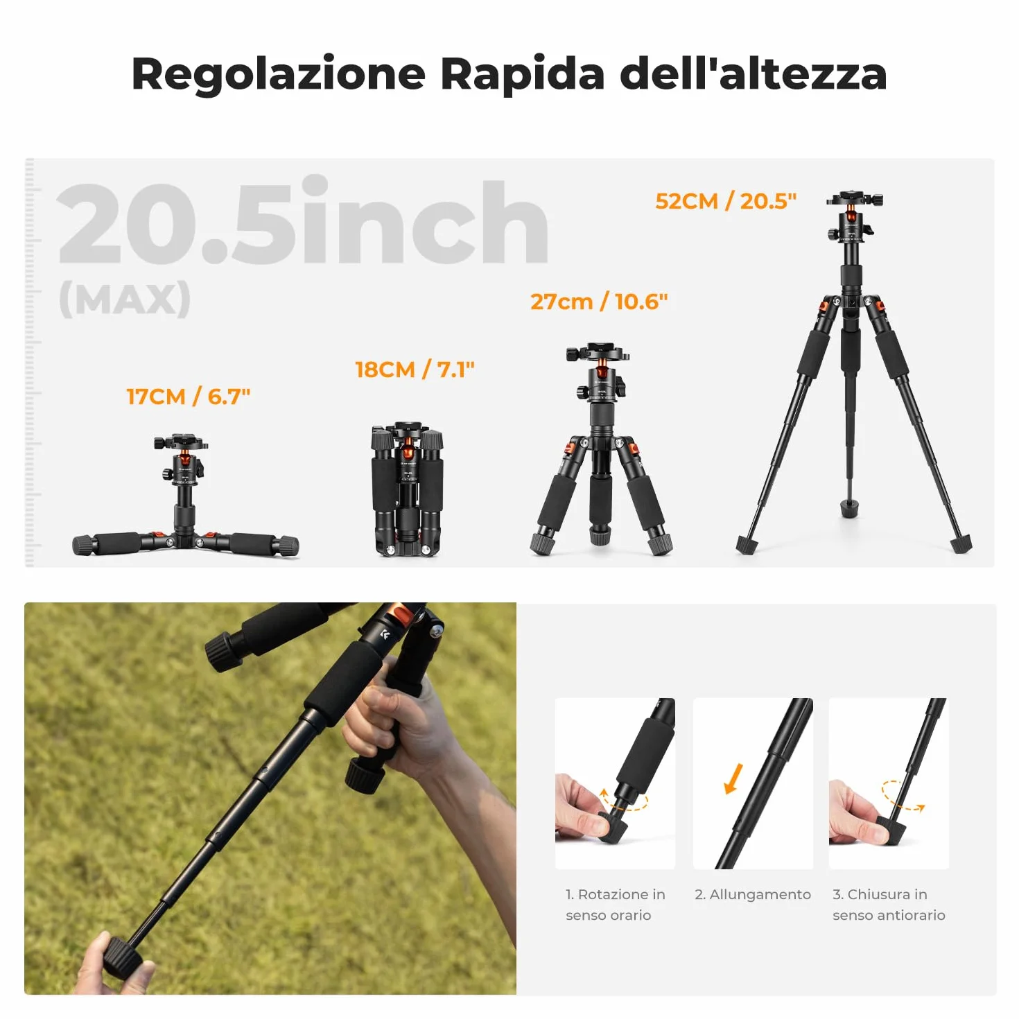 K&F CONCEPT Mini treppiede da tavolo portatile, Treppiede compatto per fotocamera e smartphone in alluminio da 52 cm con testa a sfera a 360°, Piastra rapida da 1/4" per DSLR ecc, capacità di 6 kg